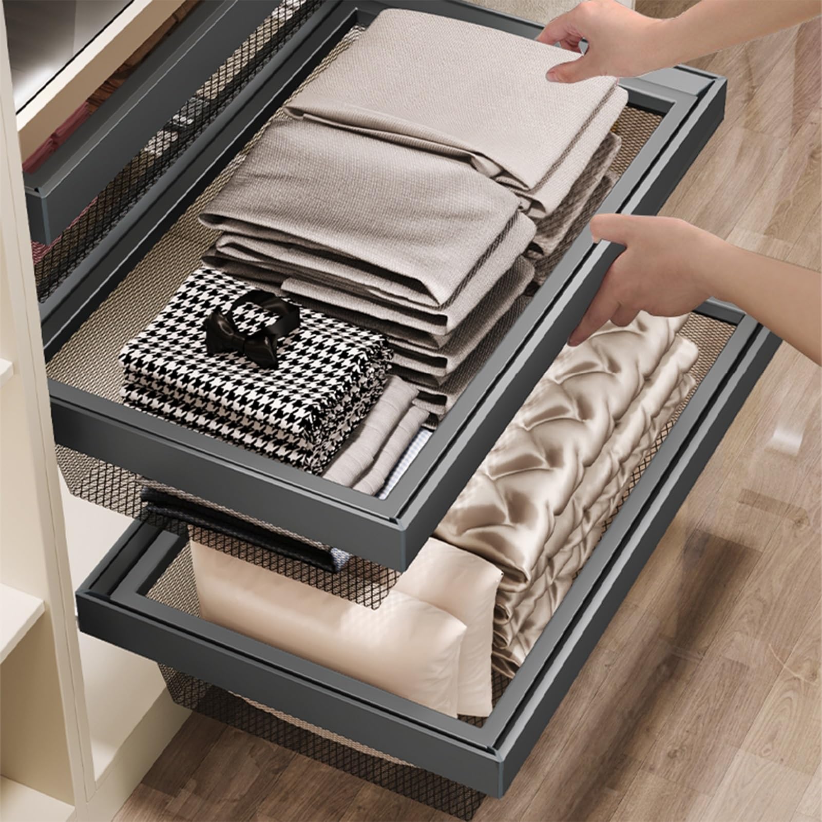 Organizador de almacenamiento para armario, estantes deslizantes para cajones, cesta de metal para debajo del estante, capacidad de carga de 30 kg, ideal para organizar armarios y dormitorios
