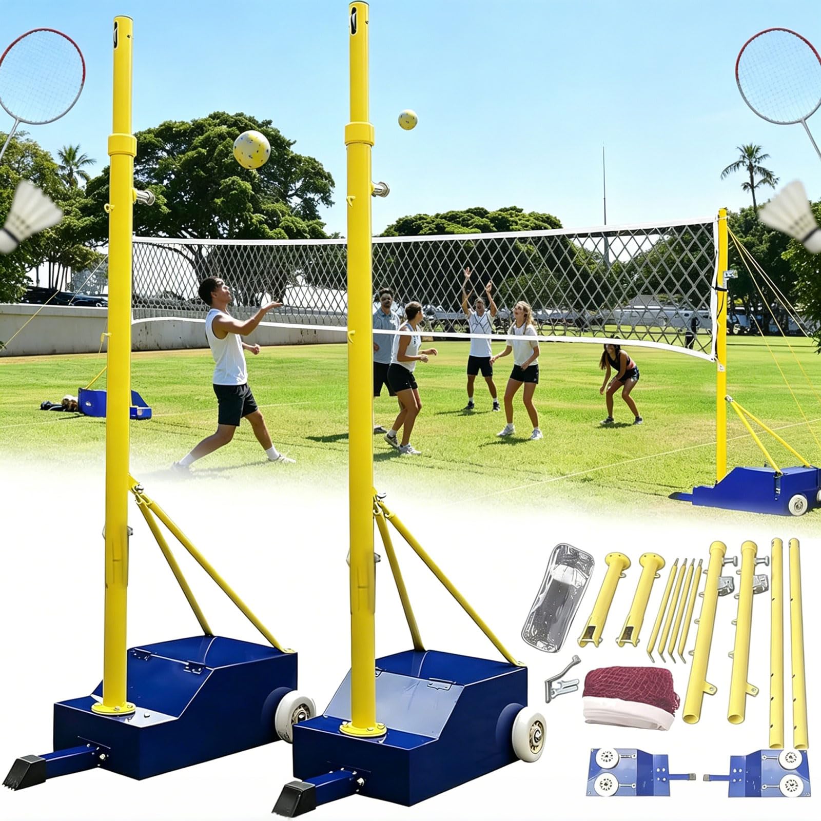 ZHNANDAMAI Badminton/Volleyball Pole & Nets Set, Mobile Badminton Net Stand for Backyard Gym School, Adjustable 4 Heights of 5ft-6.9ft with Wheels, Heavy Duty Training Poles Set with Stable Base ﻿