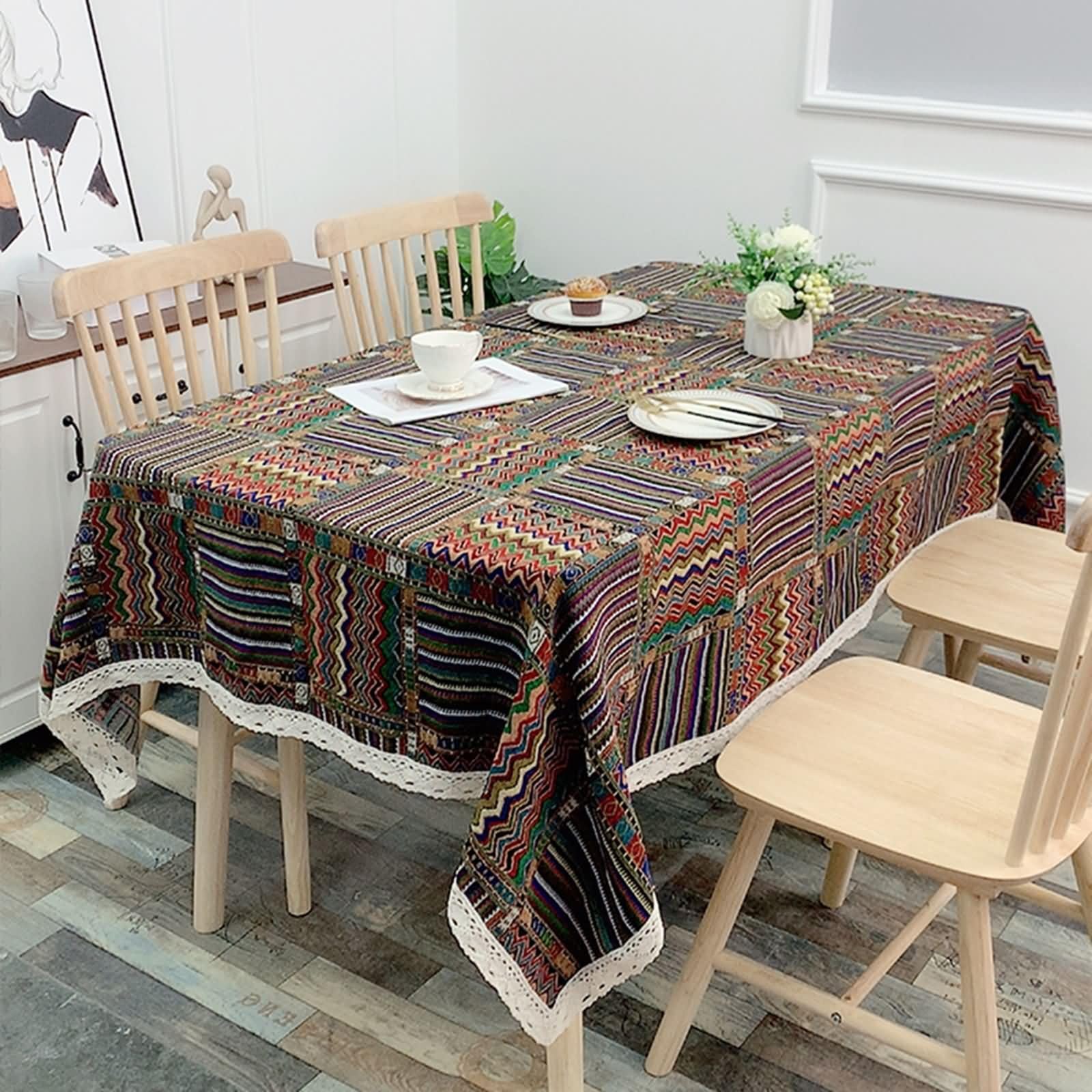 Nappe anti-taches 150x220 broderie ethnique multicolore KnSam