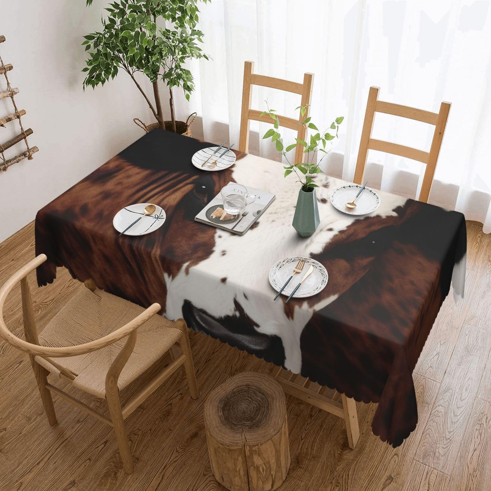 WPKJU Brown Cowhide Art Printed Rectangle Tablecloth 72x54 Inch with Lace Trim, Water-Resistant Washable Table Cover for Farmhouse Weddings, Outdoor Picnics & Holiday Dining