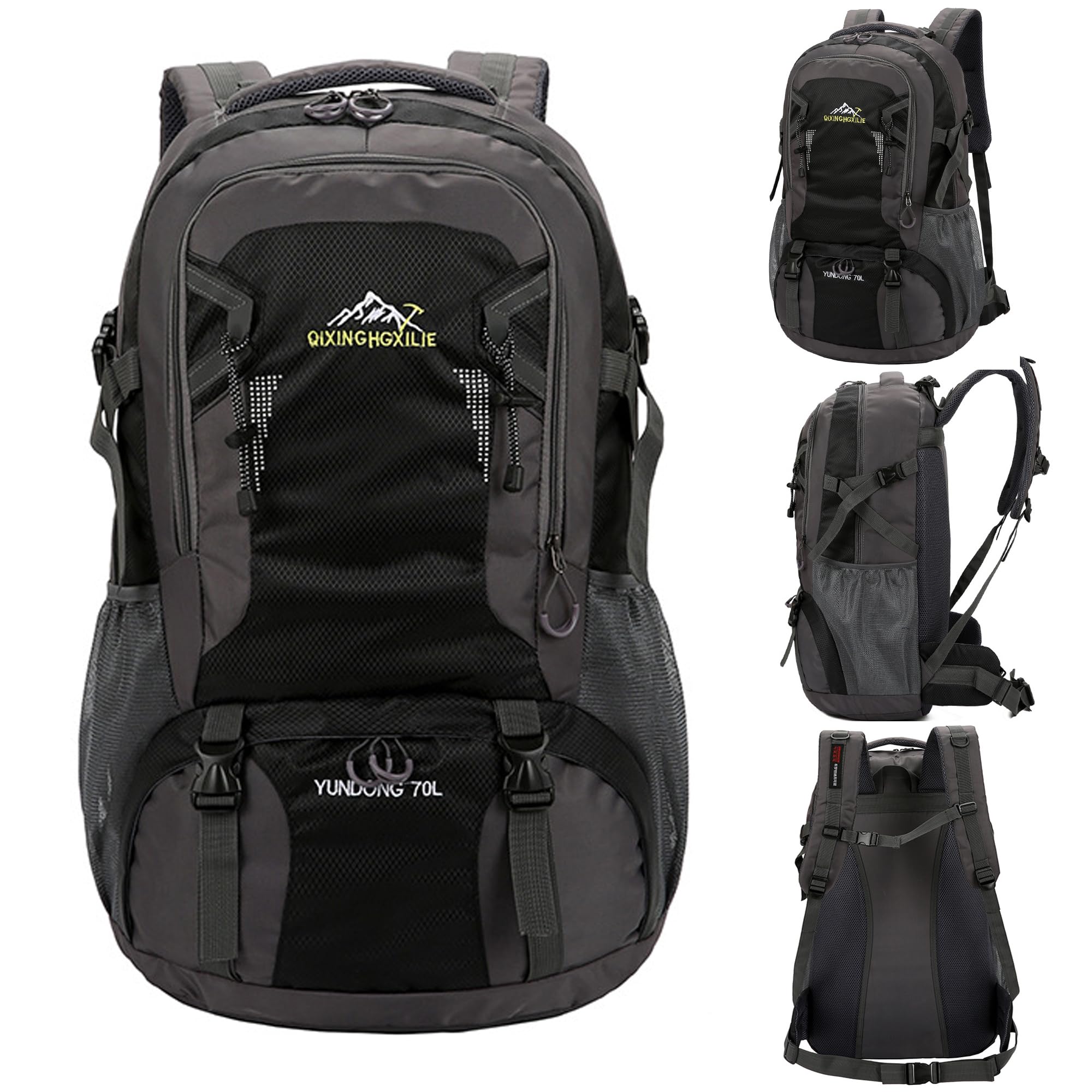 Grand sac à dos de randonnée imperméable de 70 L pour homme et femme - Sac à dos de voyage léger - Noir - Pour sports de plein air, randonnée, cyclisme, escalade, alpinisme