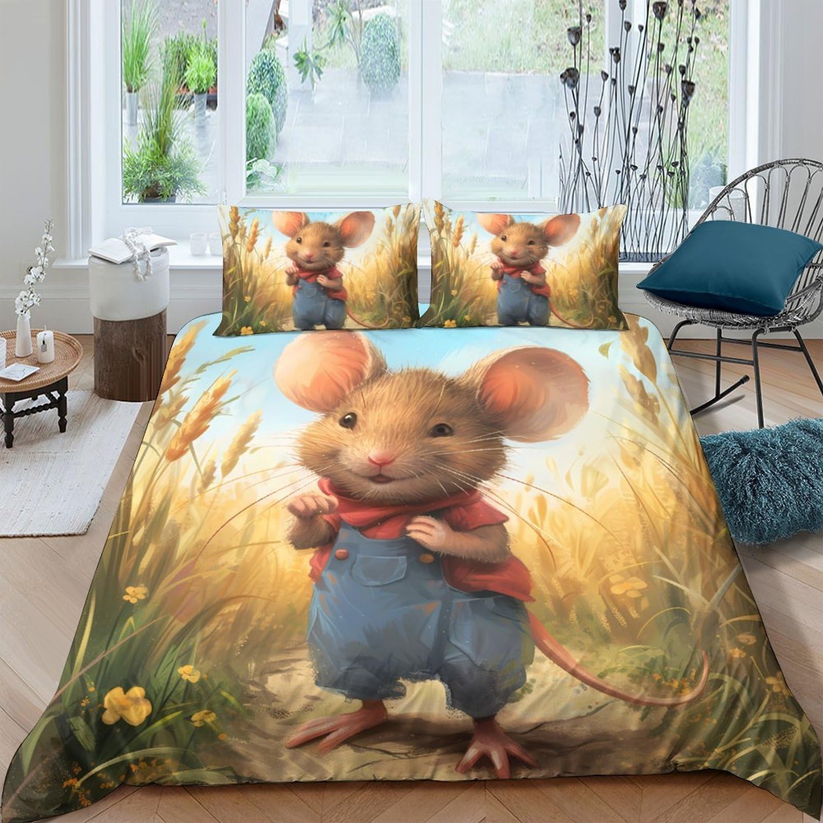 Ctjqhvkz Style-3 3D Printed Cute Mouse Wheat Field Fitted Sheet Microfiber Anti-Slip Bed Sheet For Bedroom Dorm Easy Wash Decor Single（135X200cm）