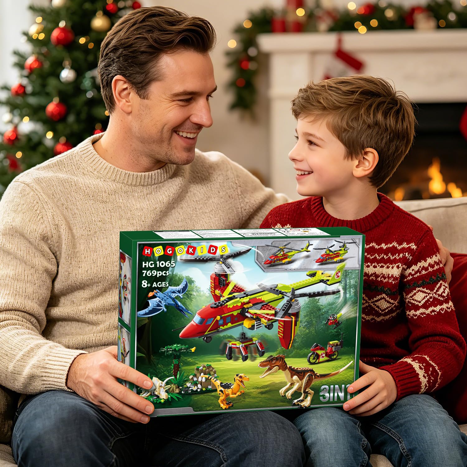 HOGOKIDS 3-in-1 Dinosaurier-Rettungsflugzeug-Bauset für Jungen ab 6 Jahren | Baue ein Kipprotorflugzeug, einen Transport- oder Doppelrotor-Hubschrauber mit Greifhaken – ein kreatives Geschenk ab 6
