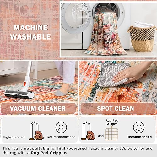 Miniatura 3 de Beeiva Alfombra de área lavable multicolor de 8 x 10 pies, alfombra plegable antideslizante colorida para sala de estar, alfombra moderna grande y