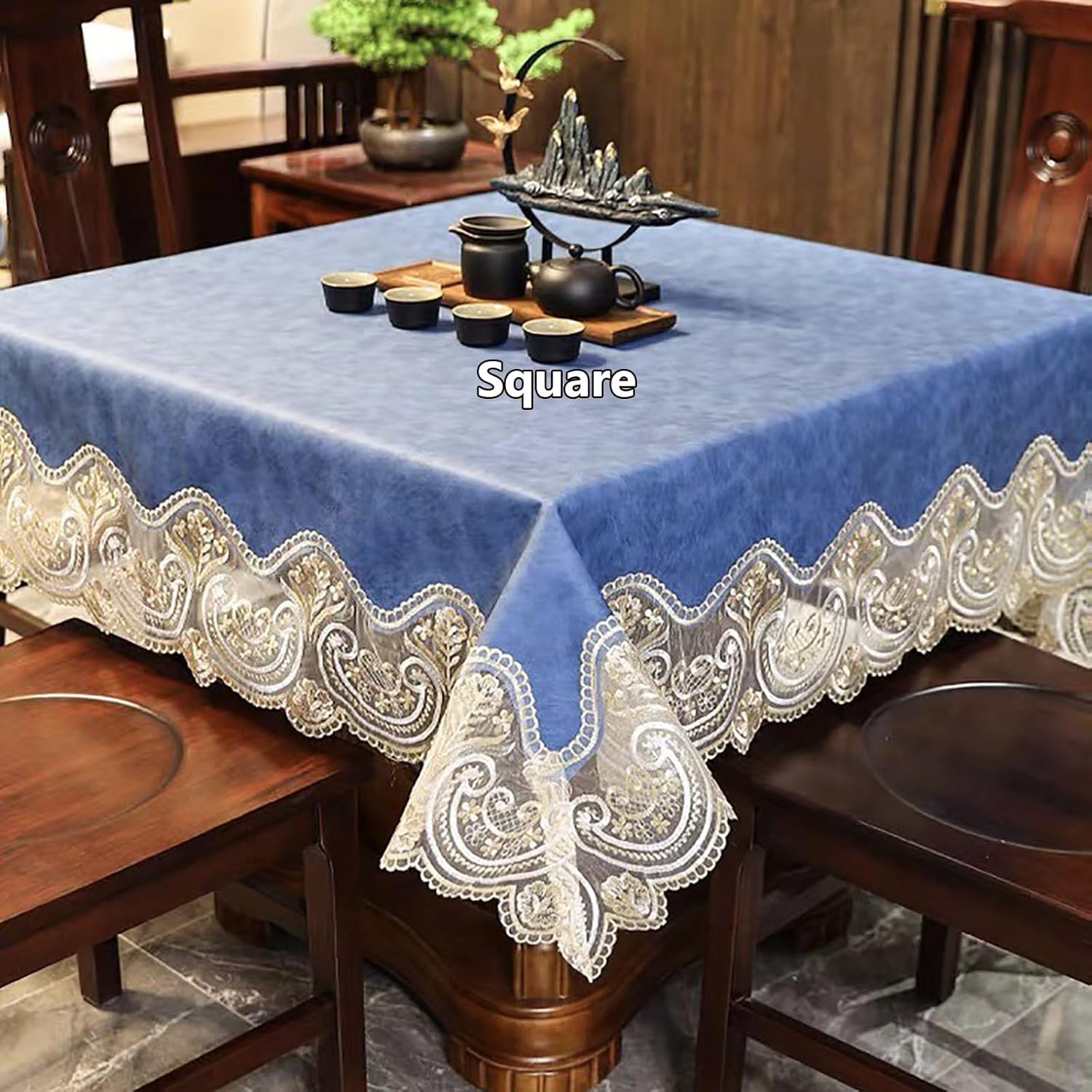 Waterproof Dining Tablecloth PU Leather European Style Lace Trim Table Mat No-Wash Required Rectangle Table Cloth for Dining Table Party Kitchen
