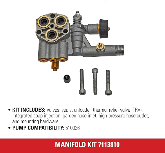 Simpson Manifold Replacement Kit for OEM Technologies Pressure Washer Pump | Fits OEM Pump 510026. Manifold Kit Includes TRV, Unloader, Soap Injection, Hose Inlet, M22 High-pressure Outlet. Part 7113810