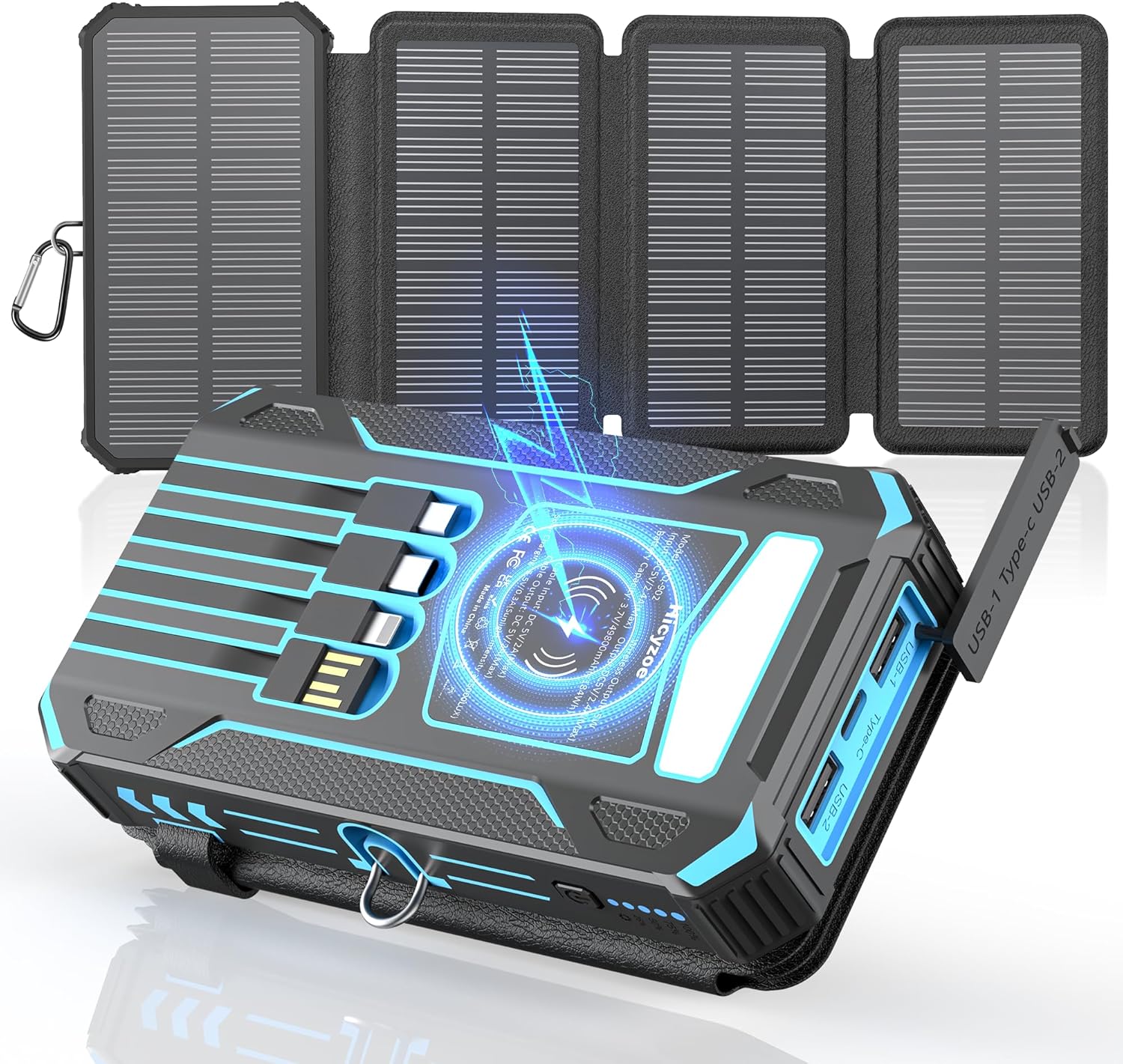 Solar Charger Power Bank 49800mAh Wireless Portable Phone Charger Built-in 4 Cables and 4 Solar Panels,12W QC3.0 Fast Charging USB-C Battery Pack for iPhone with Flashlight for Camping Travel