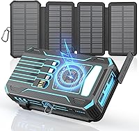 Hicyzoe 49800mAh Solar Power Bank: 4 Panels, Wireless Charging, 4 Built-in Cables, QC3.0 Fast Charge, Flashlight for Camping iPhone Travel