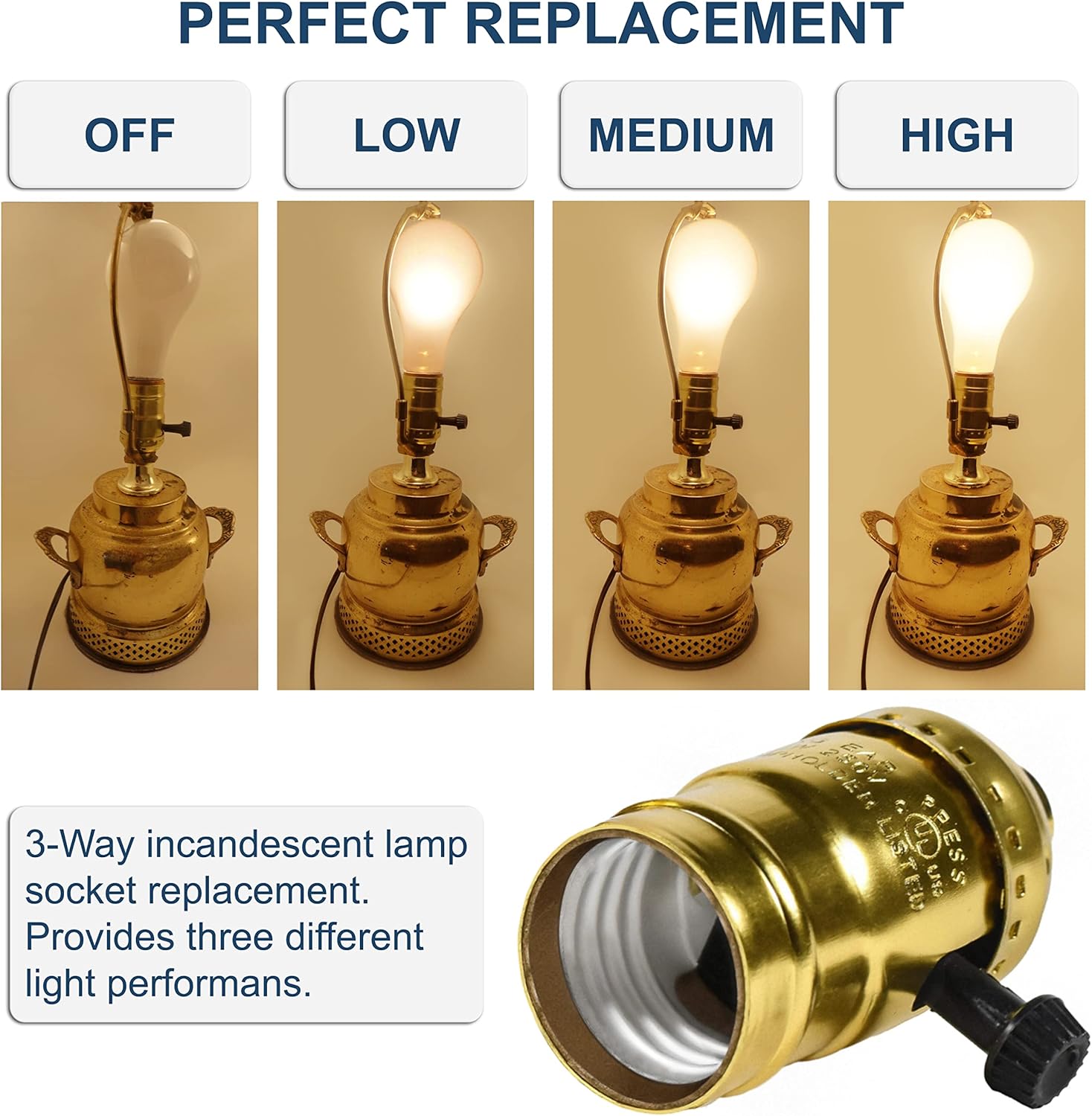 HQRP 2Pcs 3-Way Lamp Socket Replacement E26 Bulb Socket Vintage 250W 250V Antique Lamp Socket Dimmer Switch Table DIY Light Parts Vintage Retro Lamp Socket Replace Pendant Lamp Sockets and Lamp Parts
