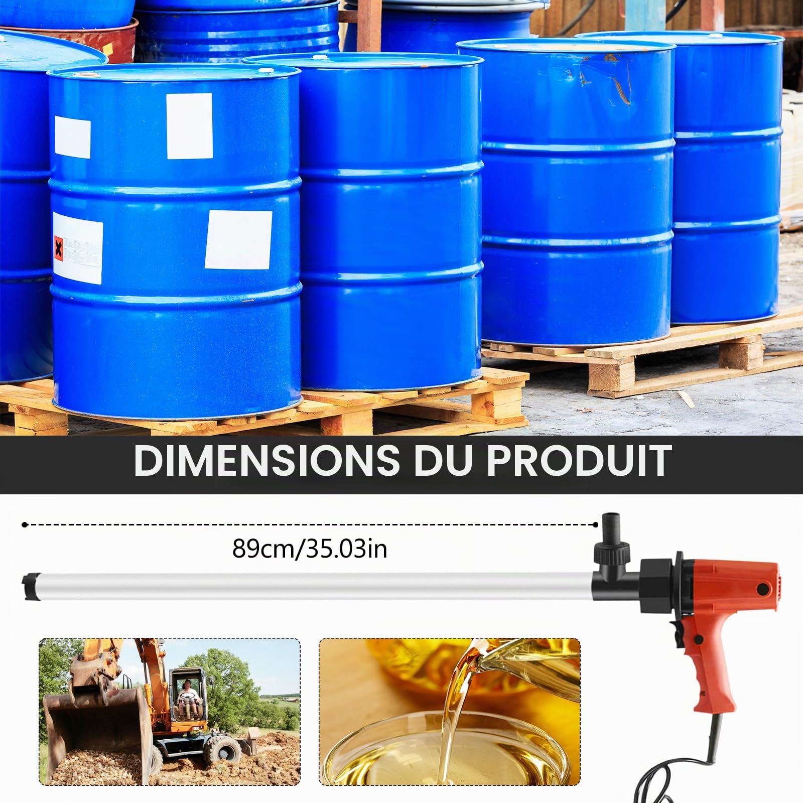 Pompe électrique Pour Fûts, 880W Compatible Essence Diesel Et Eau Débit 70-95 L/Min Vitesse 5000-10000 Tr/Min équipée D'un Tube Aluminium 89cm Et D'un Flexible En Acier Pour Fûts Standard 200L Et 220L
