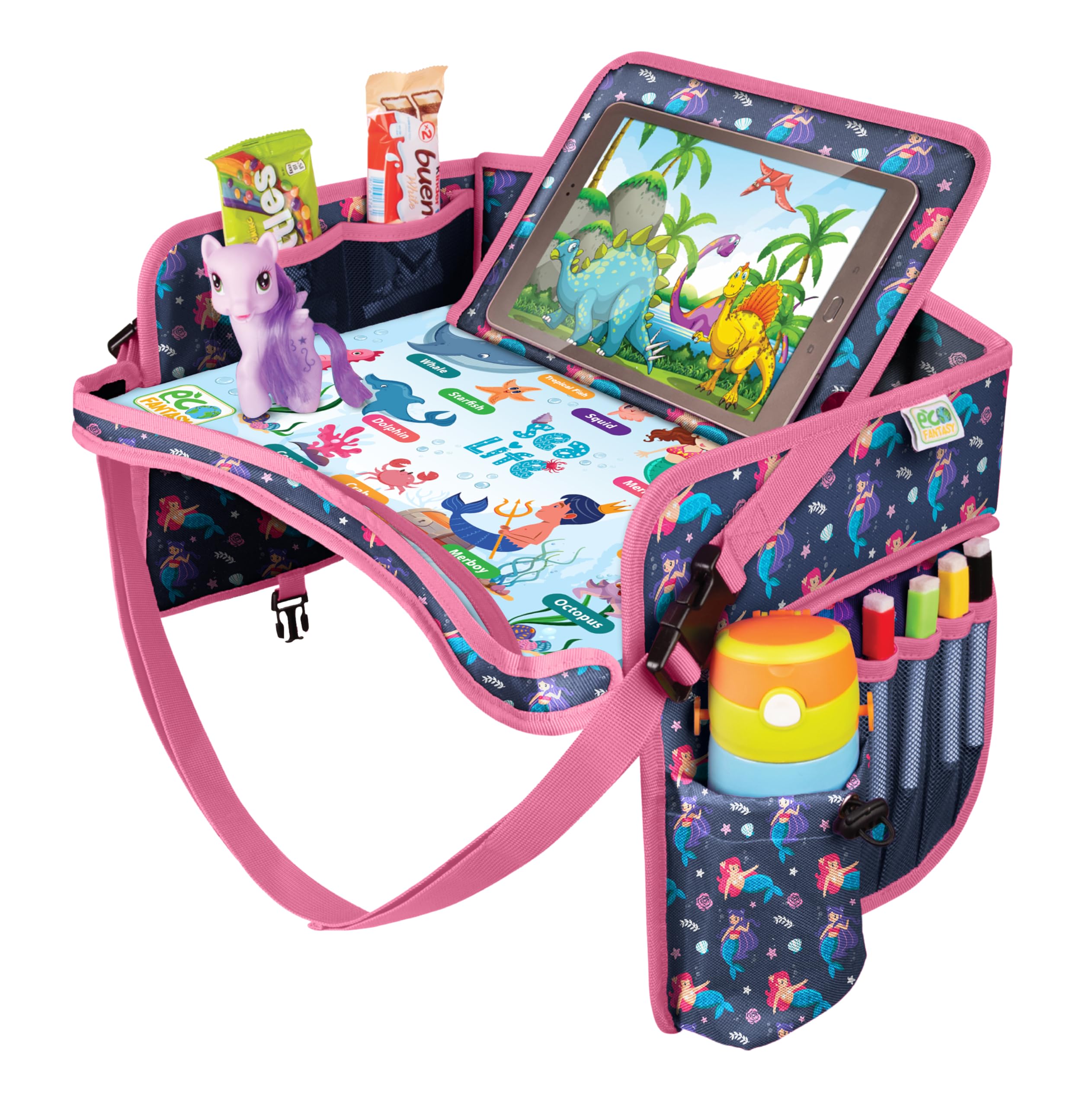 ECOFANTASY Kids Travel Tray for Car Seat, Car Tray Table for Kids with Tablet Holder, Dry-Wipe Board, Cup Holder & Storage Pockets, Car Seat Tray for Toddler Travel, Road Trips & Plane (MERMAID)