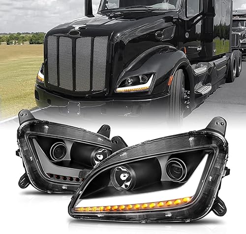 Miniatura 2 de AmeriLite Barra LED LED Luz Señal Giratoria Proyector Negro Faros De Reemplazo Para Peterbilt 579 587 - Lado Del Conductor Y Del Pasajero