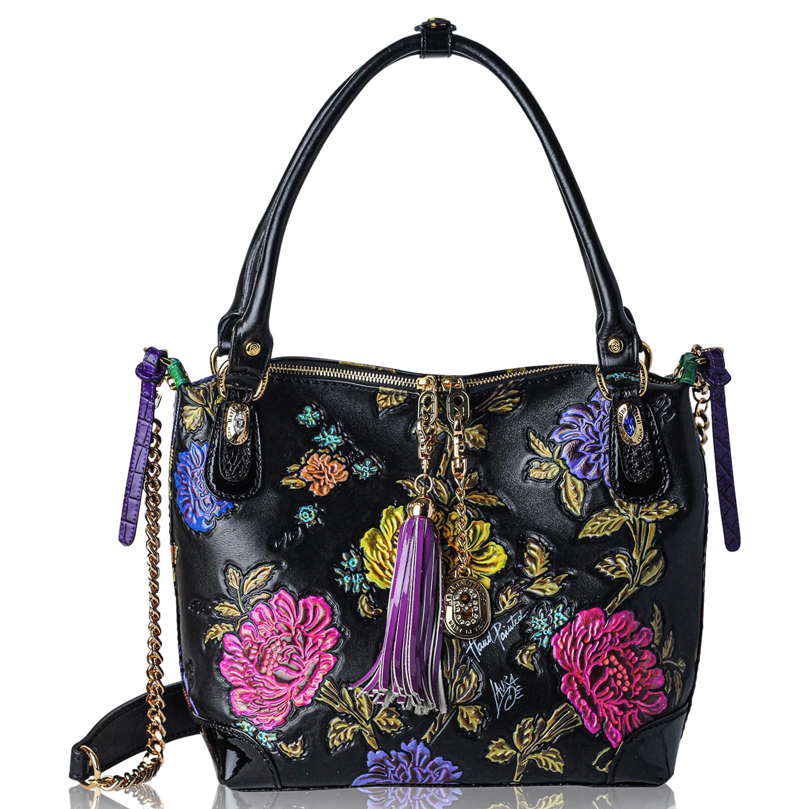 Leather Handbags Purse Slouchy Hobo Colorful Handpainted Peonies Onyx Leather Tote Satchel Italian Designer Bag