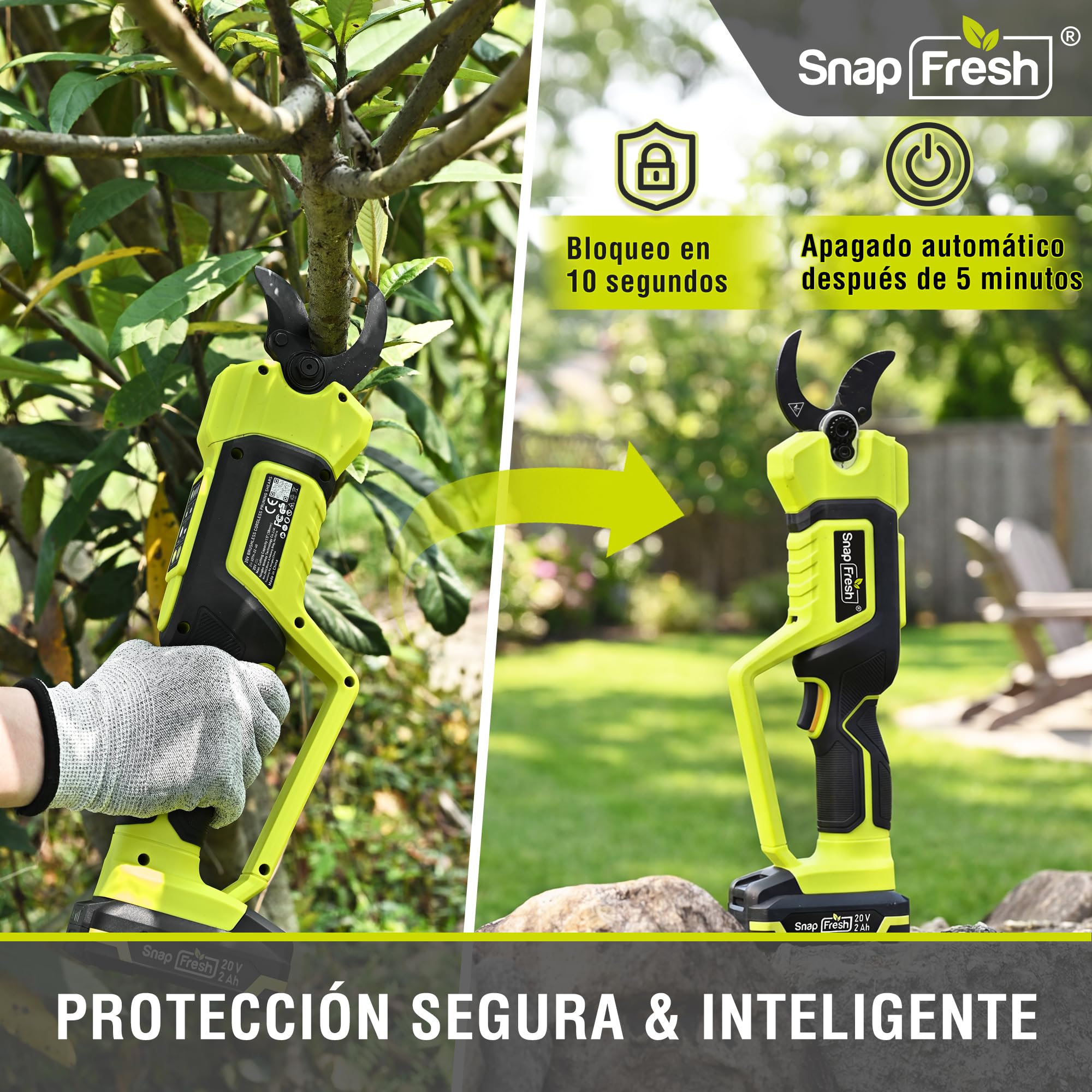 SnapFresh Tijeras de Podar Eléctricas 20V, Sin Escobillas, Diámetro Máx. de Corte de 40 mm, Tijeras de Podar Eléctricas con Batería de 2,0 Ah y Cargador, Hoja SK5 Inalámbrica para Ramas