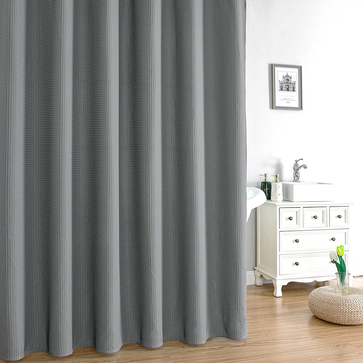 MISS SELECTEX Rideau de douche extra large en tissu épais gaufré pour salle de bain, rideau de douche en tissu imperméable et durable lavable en machine (450 x 183 cm, gris)