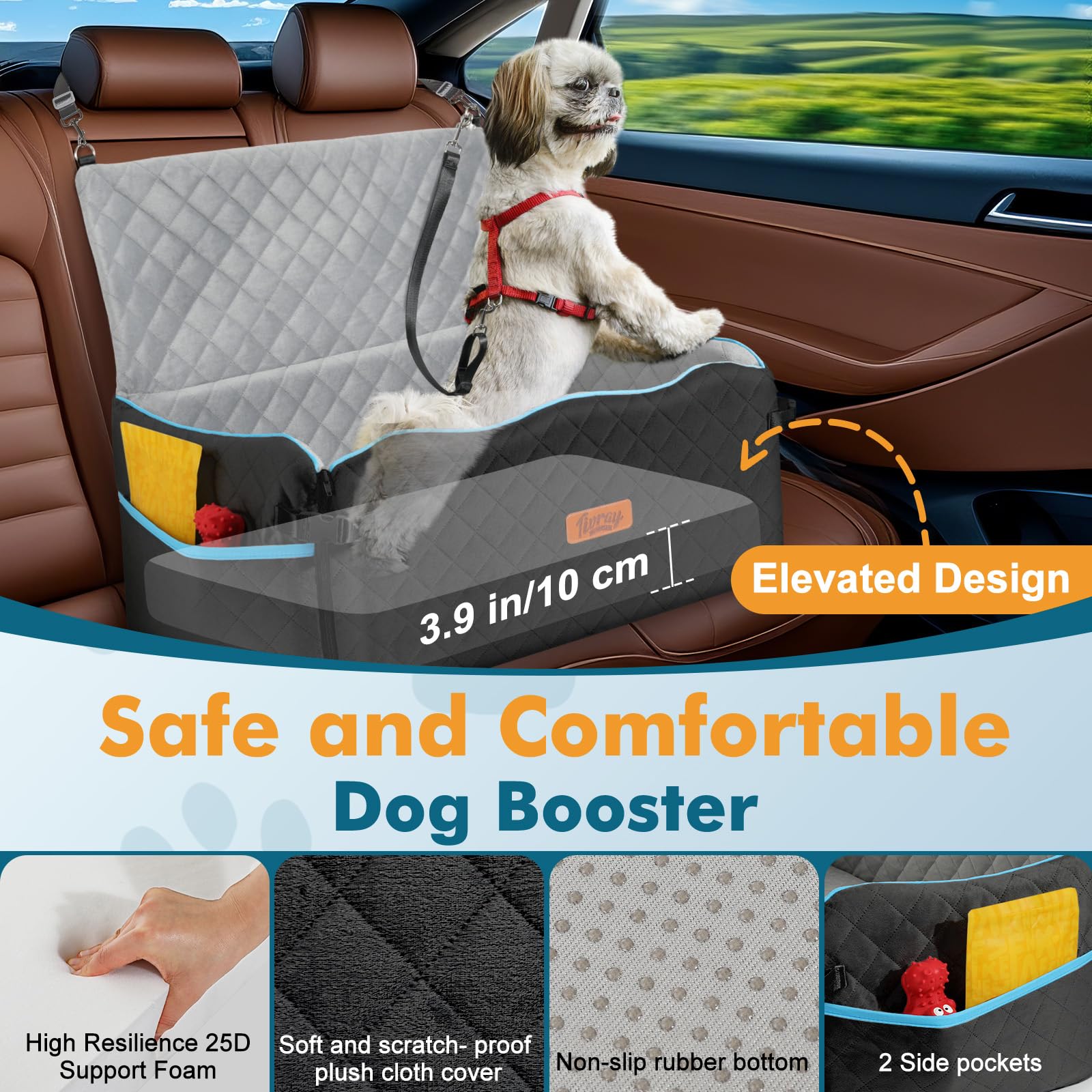 Hundesitz für Auto, Hundebett für große Hunde bis 27 kg oder 2 kleine Hunde, komfortabler Autositz mit Stützschaum-Polster, abnehmbar & waschbar, Rückbanksitz für Haustiere, Schwarz+Grau