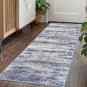 KOZYFLY Modern Abstract Washable Rug Runner 2x5 Hallway Rug Runner Non-Slip Soft Kitchen Runner Rugs, Distressed Grey-Blue Striped Carpet for Entryway Bathroom Laundry Room Foyer