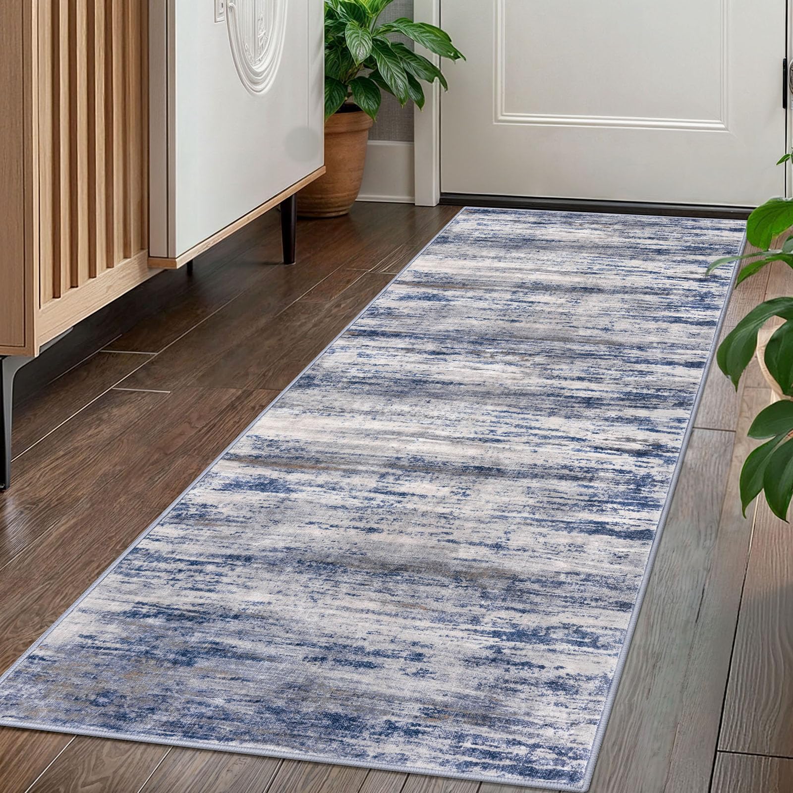 KOZYFLY Modern Abstract Washable Rug Runner 2x5 Hallway Rug Runner Non-Slip Soft Kitchen Runner Rugs, Grey-Blue Striped Carpet for Entryway Bathroom