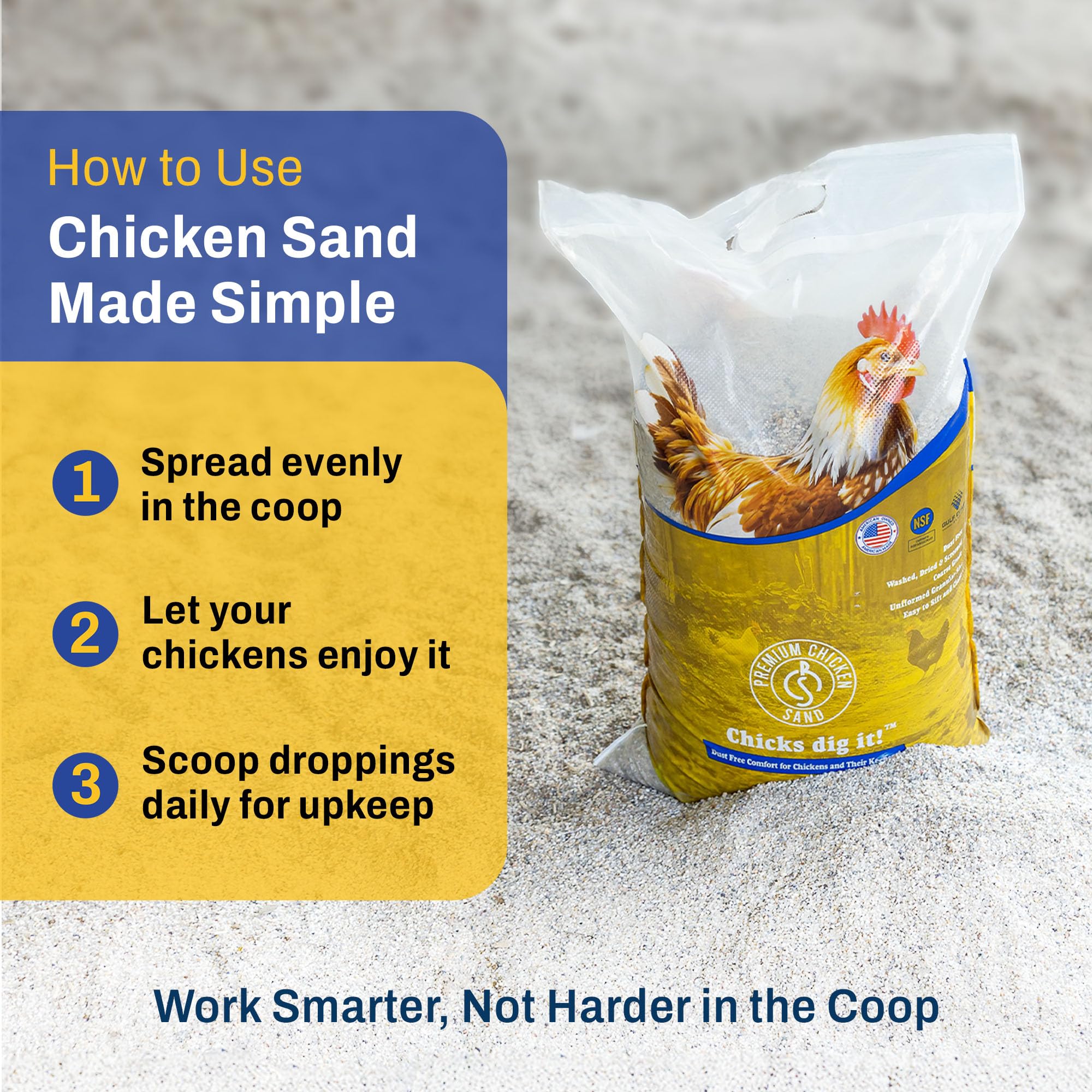 Premium Chicken Sand, Bolsa de 50 libras para eliminar olores, para gallineros, cajas de anidación y carreras