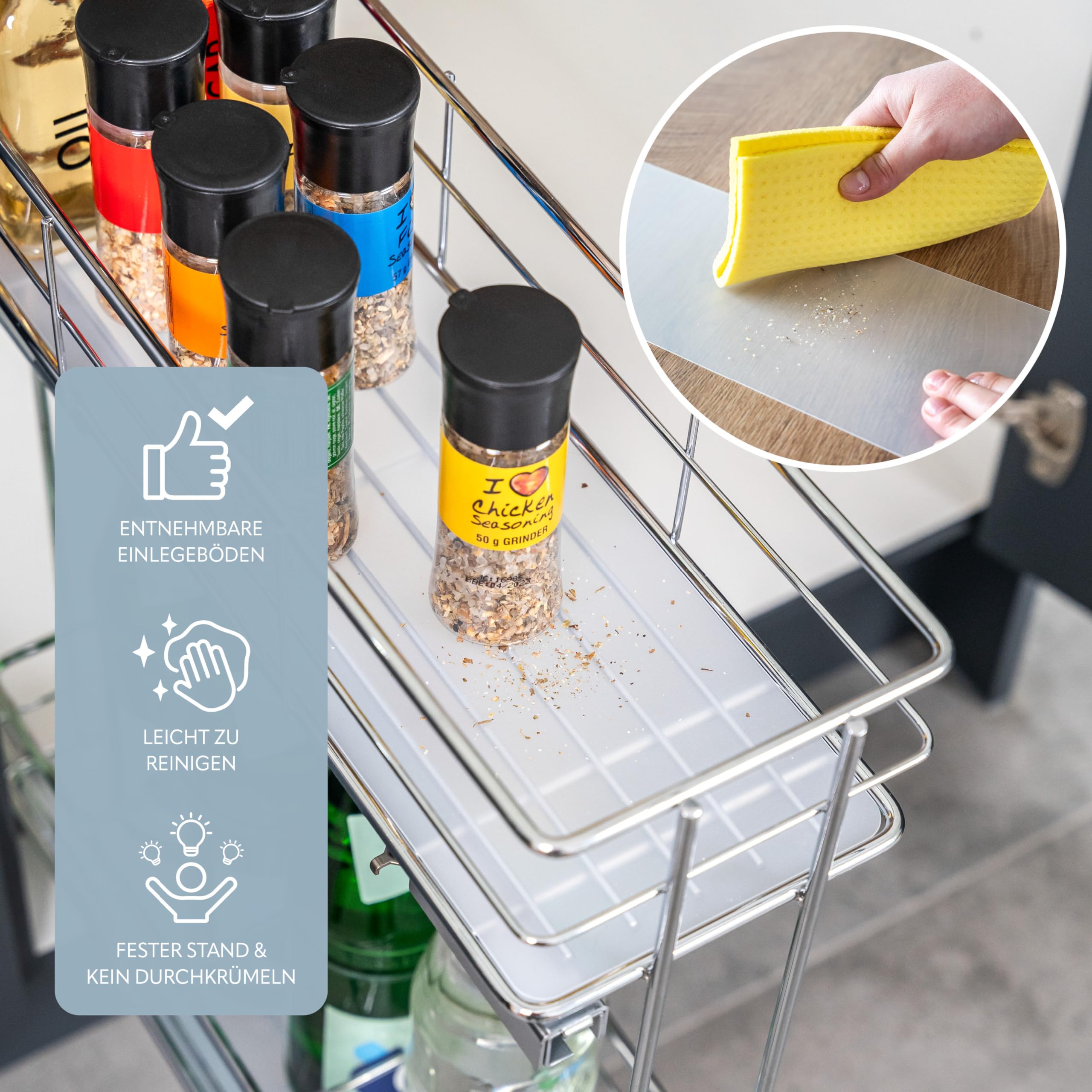 Bremermann Tiroir télescopique 2 étages étagères, tiroir cuisine fermeture amortie, porte-bouteilles épices aliments chromé