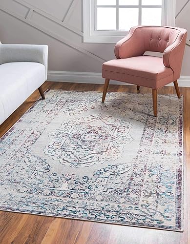 Unique Loom Charm Collection - Alfombra de área bohemia, medallón, borde, pelo alto-bajo, moderna, tradicional, 5 pies 0 pulgadas x 8 pies 0
