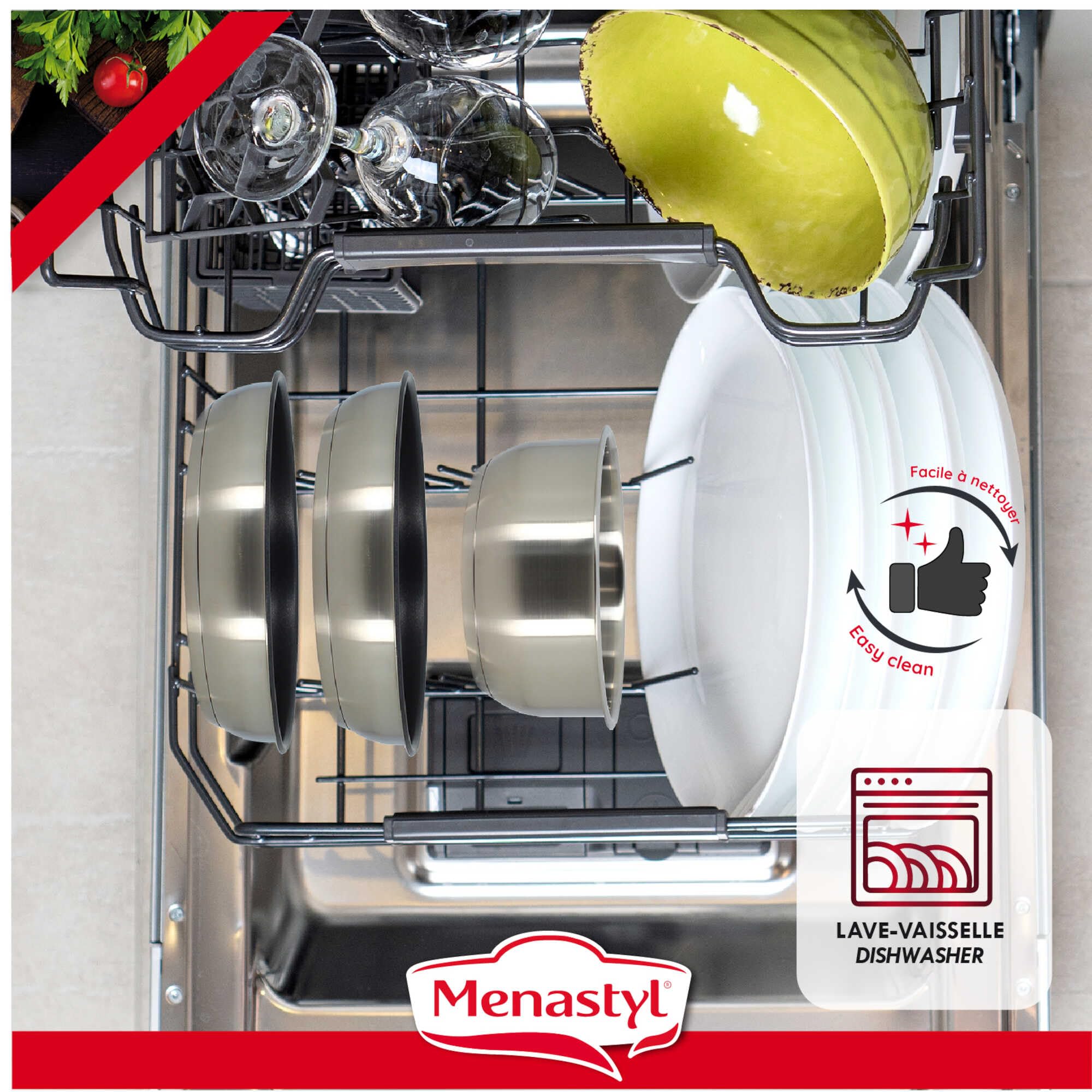 MENASTYL - Batterie de cuisine amovible 6 pièces en inox IRIS - 3 poêles + 2 casseroles + poignée amovible sécuritaire - Tous feux dont induction - Acier inoxydable - Sans PFOA/Sans BPA - 7930018
