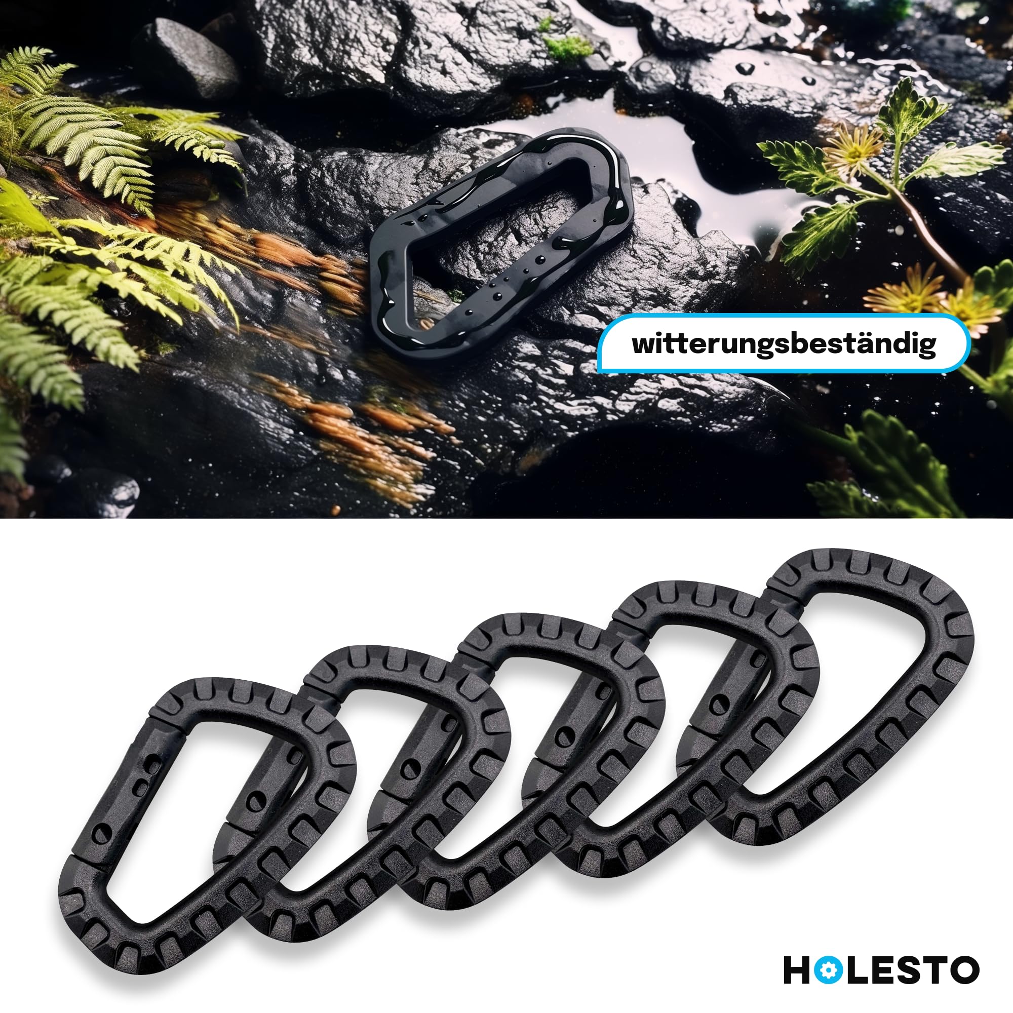Set di 5 Moschettoni in Plastica – Moschettone Tattico Nero con Chiusura a Molla – Moschettone Grande Molle a D per Uso Esterno, Zaino, Campeggio ed Escursionismo – Carabiner
