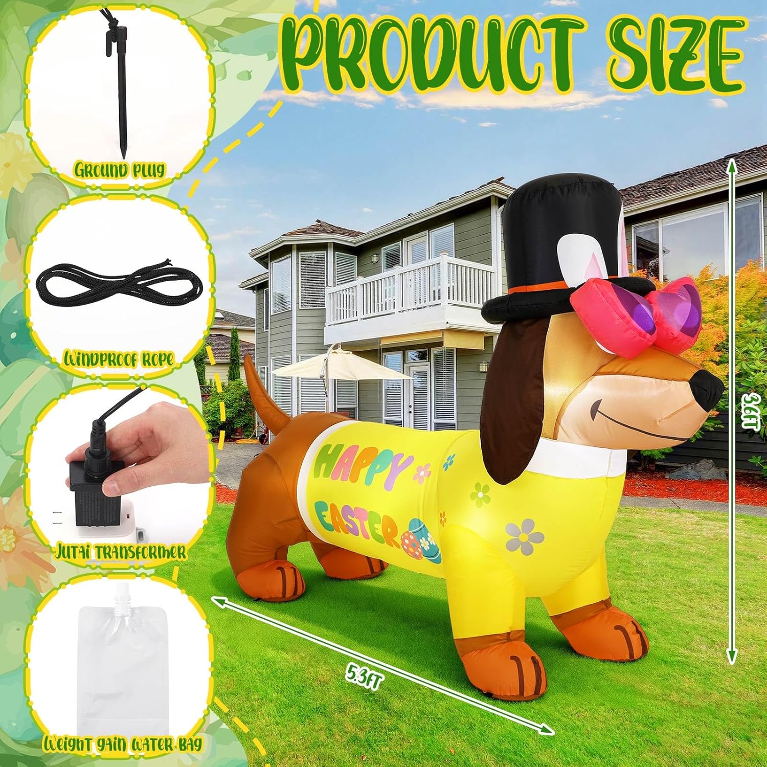 Leyndo 5.3 ft Easter Inflatables Outdoor Decorations Easter Dachshund Dog Inflatable Blow up Dachshund Dog with Built-in LED Lights for Holiday Party Spring Indoor Outdoor Garden Lawn Yard Decorations