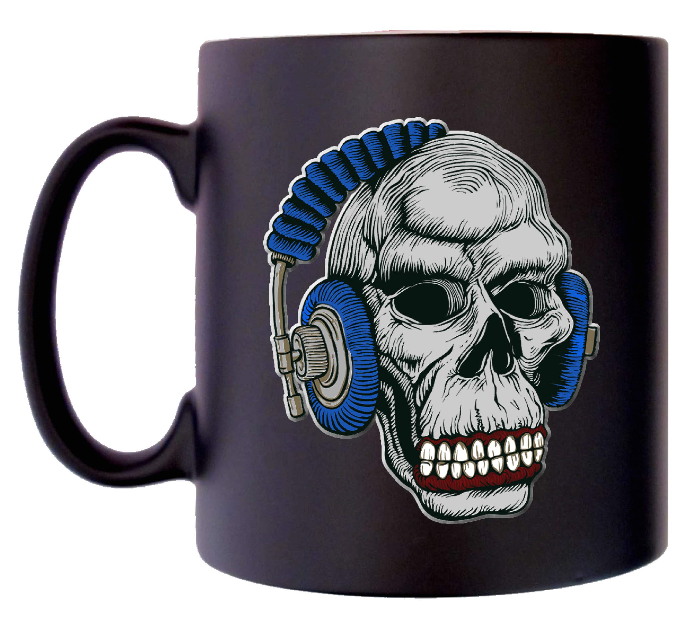 KlassekSkull with Headphones a Rock Music Player Musical Earphones Lover Mug for Men Women Coffee Tea 10oz Black Satin Gift Present