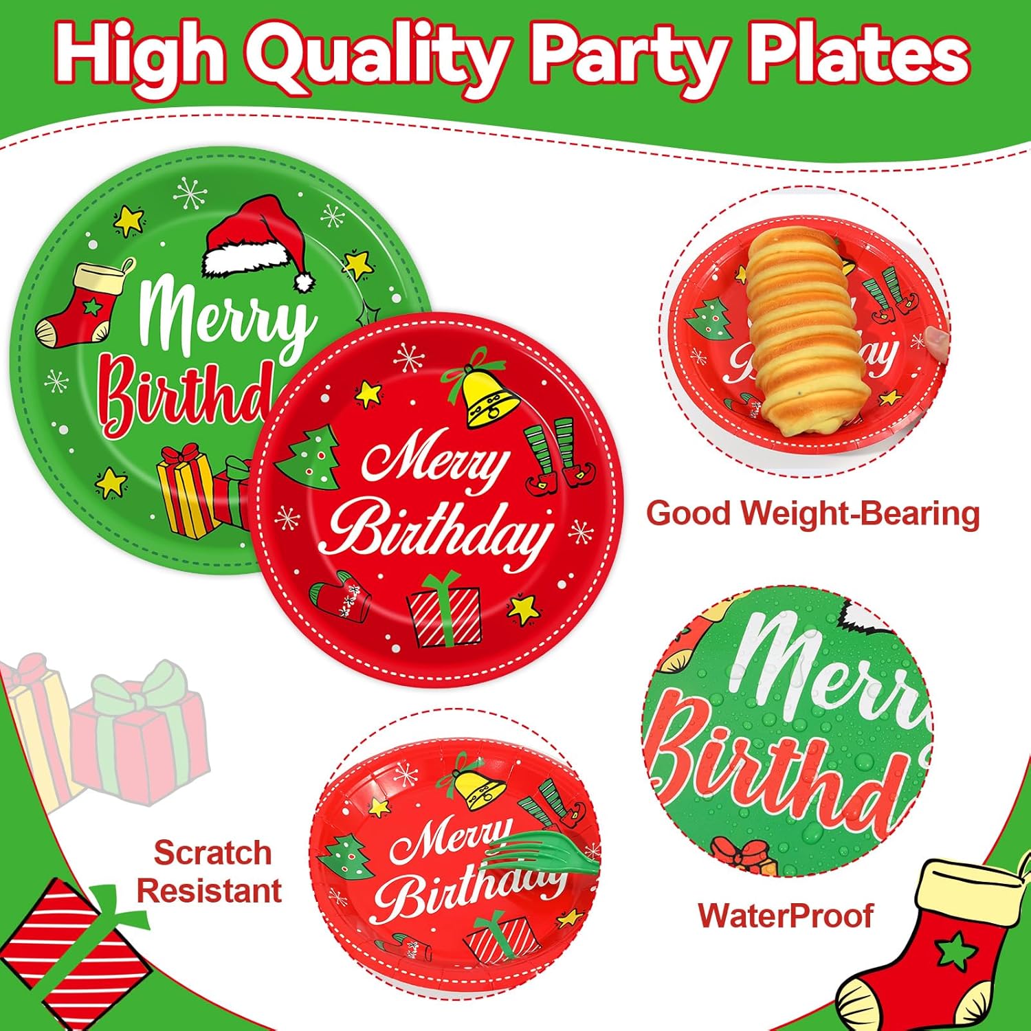 96Pcs Merry Christmas Birthday Paper Plates and Napkins Disposable Red Green Gnome Tableware Set for Christmas Birthday Party Supplies Holiday Baby Shower Table Decorations Serves 24