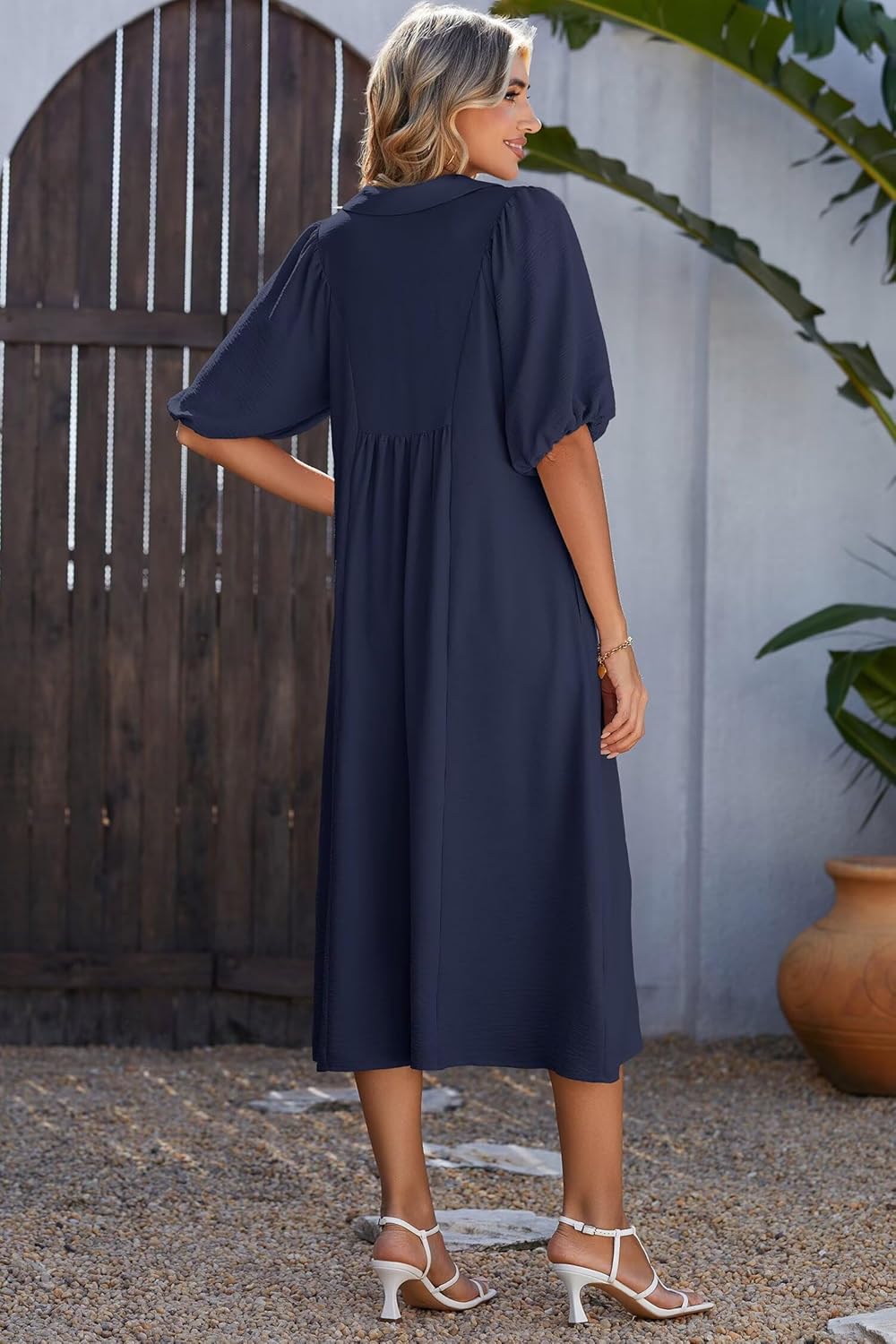 Dokotoo Summer Dresses for Women 2026 Casual Dresses V Neck Puff Sleeve Empire Waist A-Line Maxi Dress - Image 6