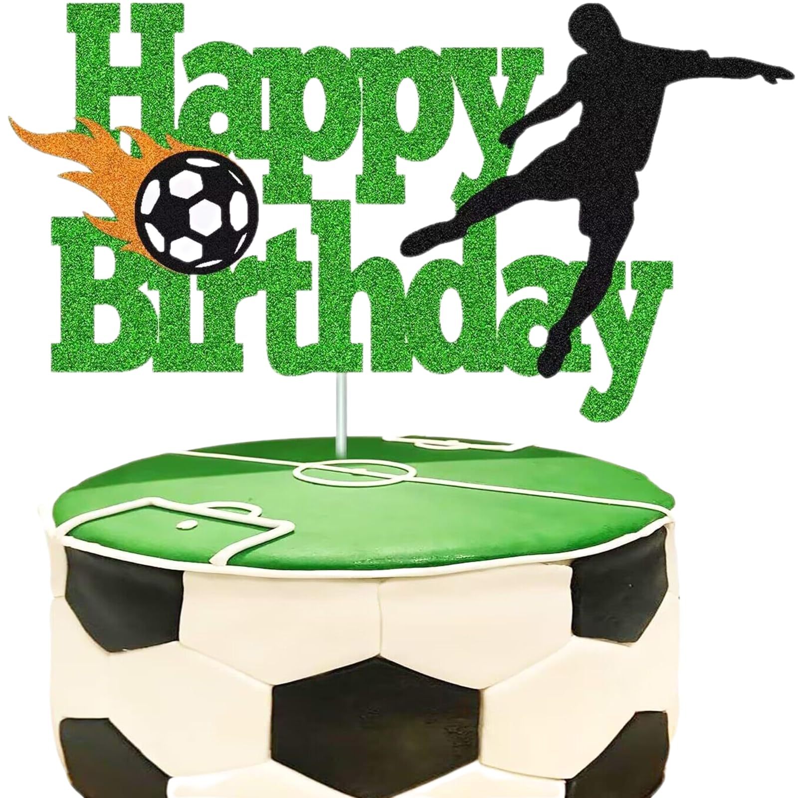 1Pcs Soccer Happy Birthday Cake Topper Glitter Happy Birthday Sign Glitter Soccer Cake Topper Football Player Cake Decorations for Sport Theme Man Boy Birthday Party Supplies (Type A)