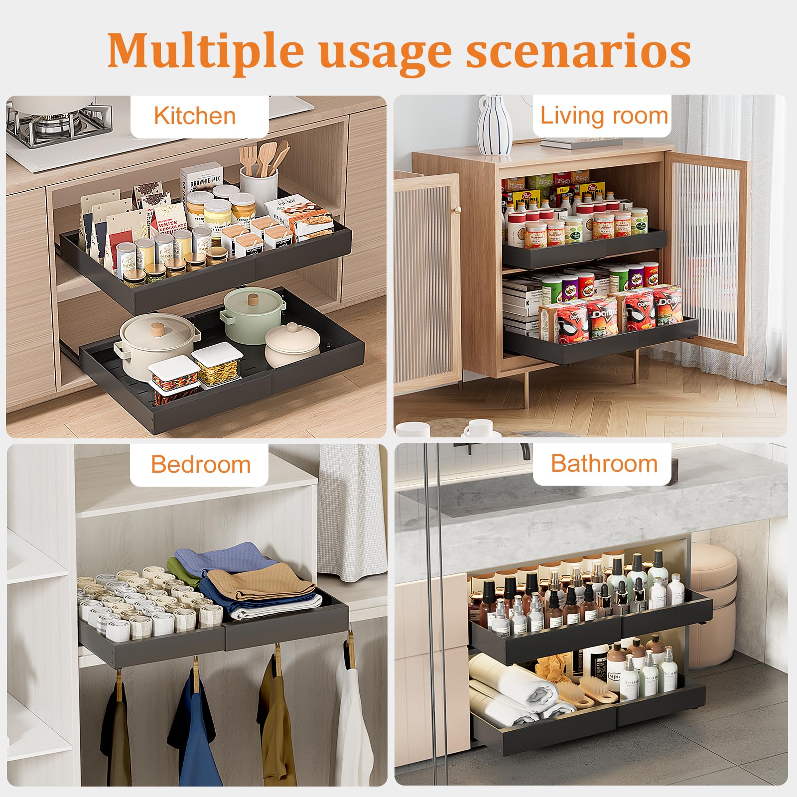 PNNP 2 Pezzi Cassetto Estraibile Cucina: Cassetti Telescopico Armadio - Cestelli Estraibili per Cucina a Larghezza Regolabile (32-53 cm L x 43 cm P x 7 cm A) - Nessuna Foratura | Nero