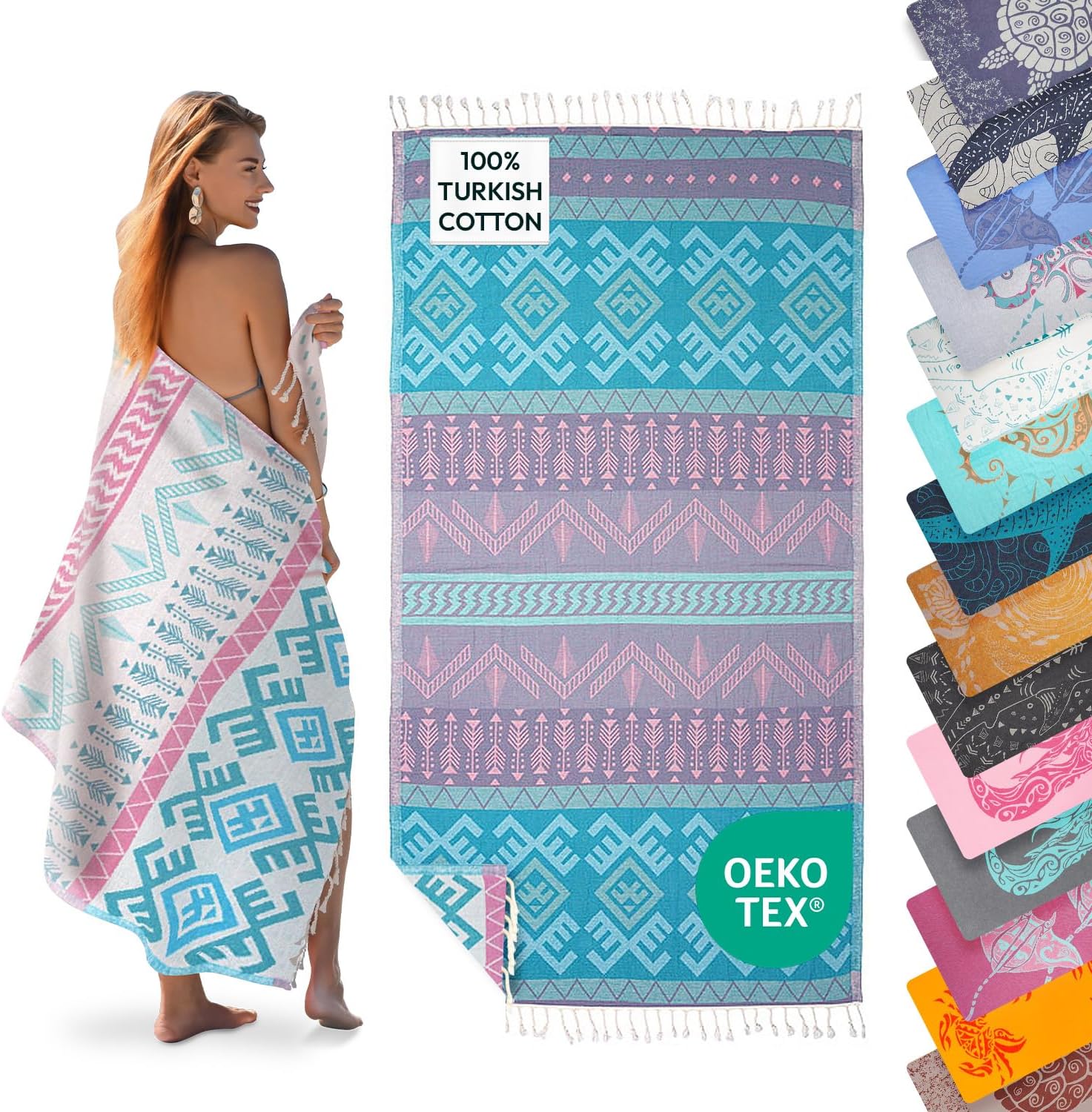 Sun Drunk Turkish Beach Towel XL (Aztec Rose Pale) - Cotton Turkish Beach Towels Oversized, Sand Free Swim Towel Quick Dry for Travel, Pool Towels Oversized Fast Drying for Bath, Soft & Lightweight