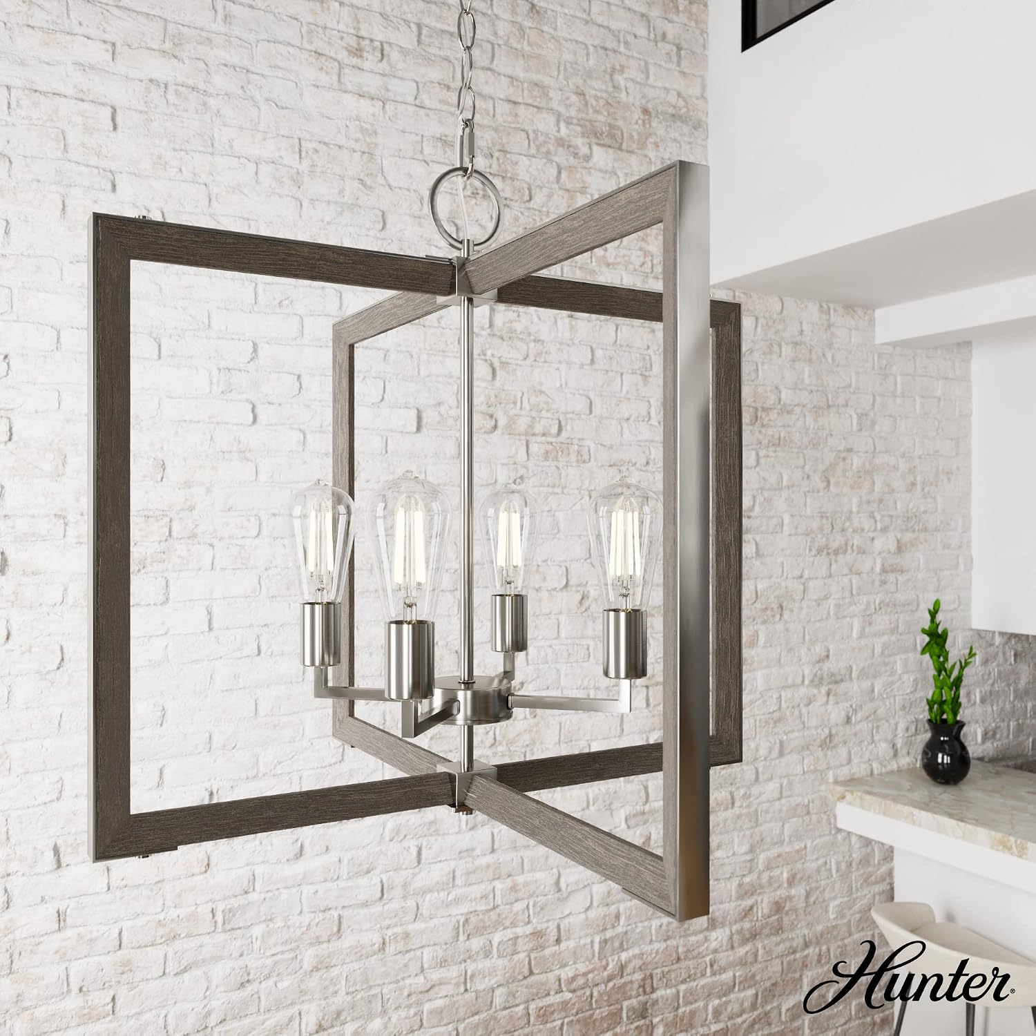 Hunter - Woodburn 4-light Brushed Nickel, Extra Large Pendant Light, Dimmable, Modern Style, Rectangle Shaped, for Bedrooms, Kitchens, Dining, Living Rooms - 19807