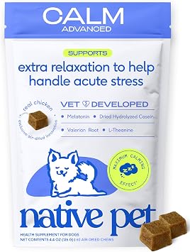 Native Pet Advanced Calming Chews for Dogs - Anxiety Relief, Stress, Separation, Travel & Sleep Support with Melatonin for Dogs, Hydrolyzed Casein, Valerian Root & L-Tryptophan -60 Chews