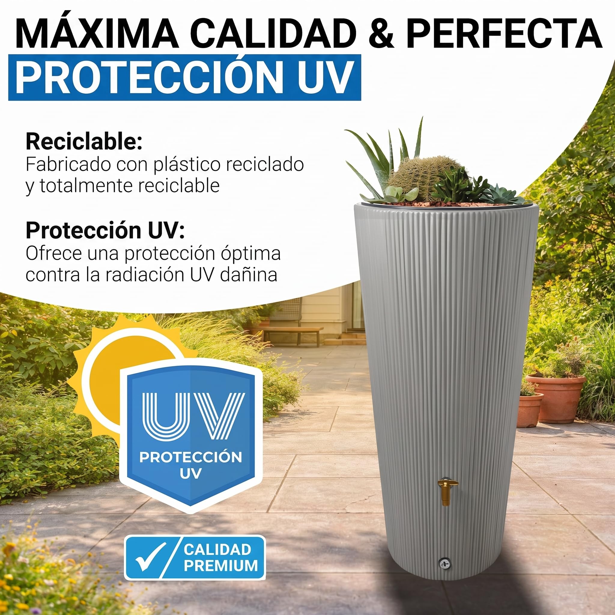 4rain Vaso 2en1 Decor depósito de Agua de Lluvia 220 L Gris Zinc Incl. Grifo de plástico y conexión al bajante | Incluye grifo de plástico y conector de bajada, forma delgada para el jardín, barril de lluvia vegetal