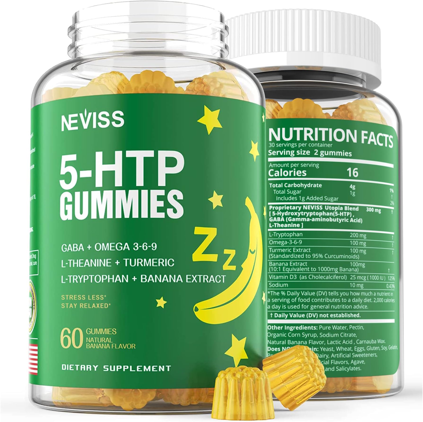 Melatonin Free 5-HTP Gummies, Updated Formula 900mg Complex for Health Rest Cycle with GABA, L-Theanine, L-Tryptophan, Omega-3-6-9, Turmeric,Banana Extract for Zzz, Calm & Stress, Mood Support, 60Cts