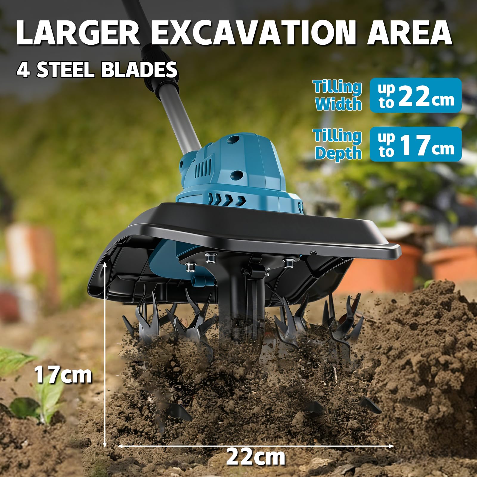 Akku Bodenhacke Motorhacke für Makita 18V (ohne Akku), 500W Bürstenloser Motor, 22cm Arbeitsbreite & 17cm Tiefe, 48 Robuste Stahlzinken, Leichte Elektro-Gartenfräse für Beete Hochbeete Gemüsegarten