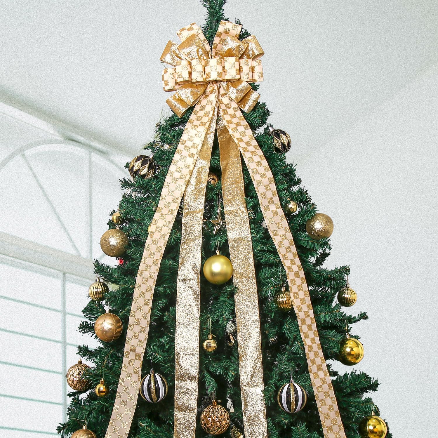 Christmas Tree Topper Christmas Wreath Bow, 52 * 13 inches Large Tree Toppers Bow with Glitter Streamer and Patterned Ribbon for Xmas Tree Décor Christmas Home Indoor Outdoor Decoration Gold - Image 3