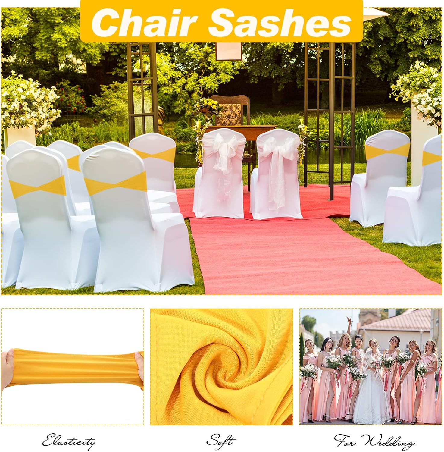 Breling 50 Pcs Spandex Chair Sashes Without Buckle Baby Shower Plain Bow Light Sash Stretch Bow Chair Elastic Bands Ties for Wedding Banquet Hotel Party Events Decoration(Gold)