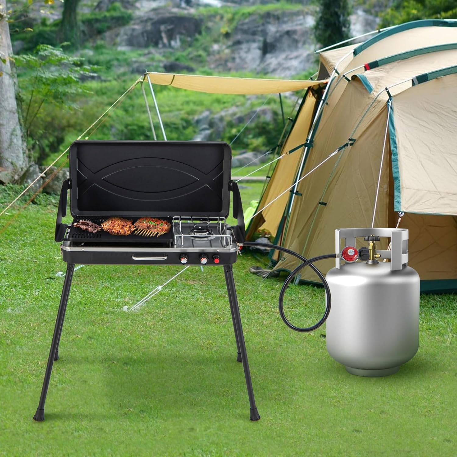 Giantex 2-in-1 Gas Camping Grill and Stove, Portable Propane Grill Burner with Dual Control Knobs, Detachable Legs, 3-Sided Wind Screen, Gas Hose with Regulator, 20,000 Total BTUs (Black)