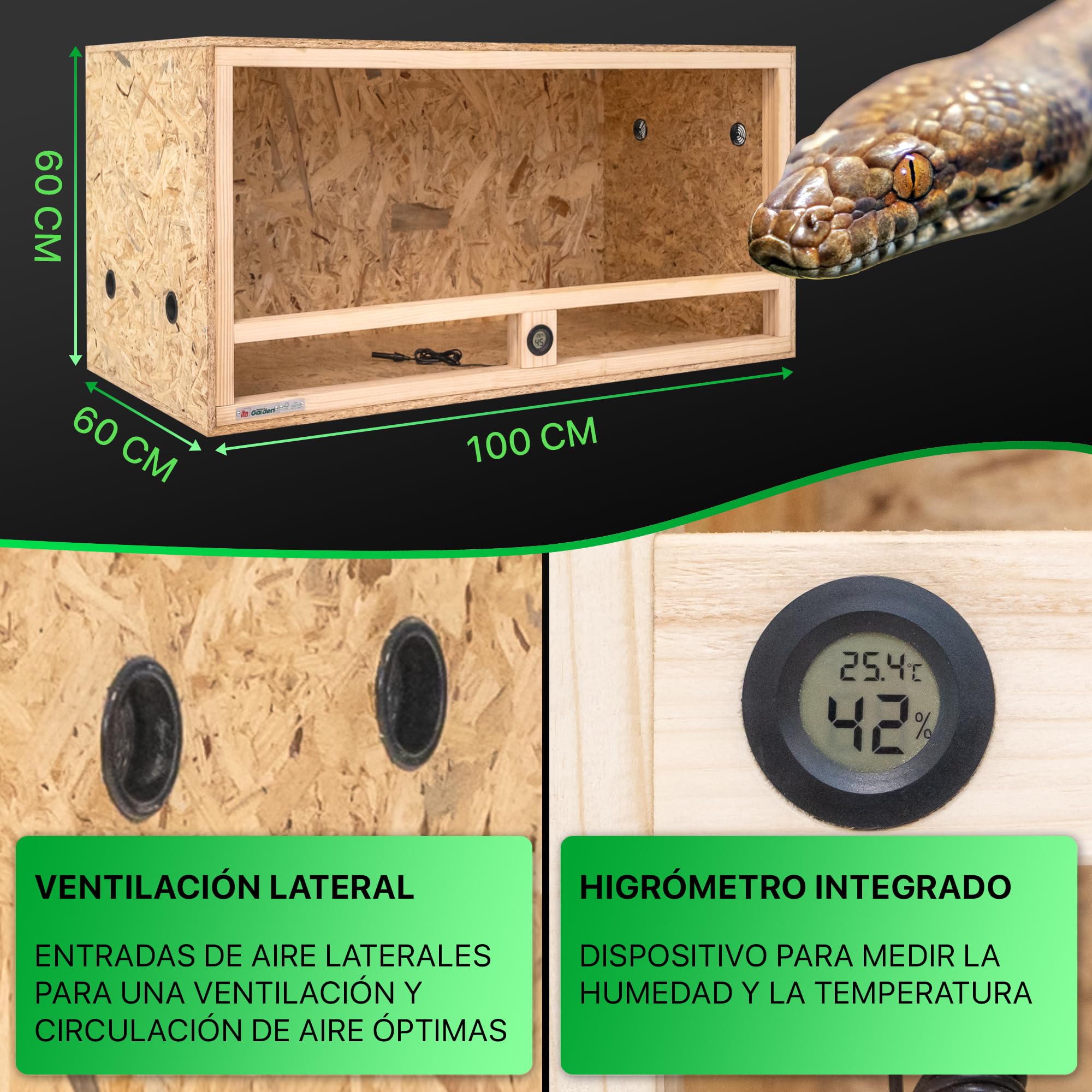 ITA Terrario de Madera 100x60x60 cm con ventilación Lateral e higrómetro Integrado - Terrarios de OSB-3 - para Reptiles, Serpientes, Anfibios - Producto UE, Certificado FSC