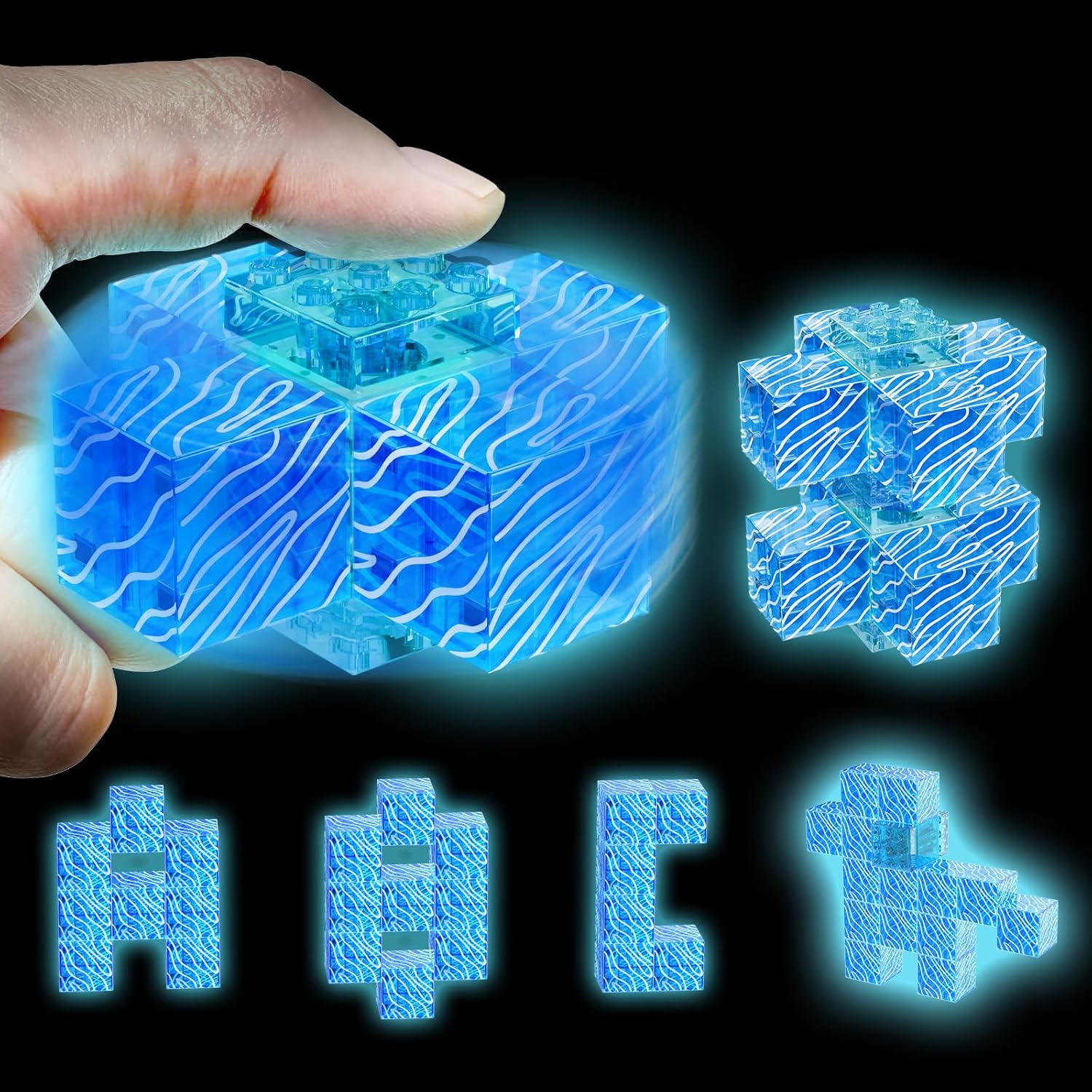 4-in-1 Glow in The Dark Blue Magnetic Fidget Spinner Set - Compatible with Standard Magnetic Building Blocks, Infinity Cube, Quiet Spinner, a STEM Focus Tool Birthday Gift for Kids and Teenager