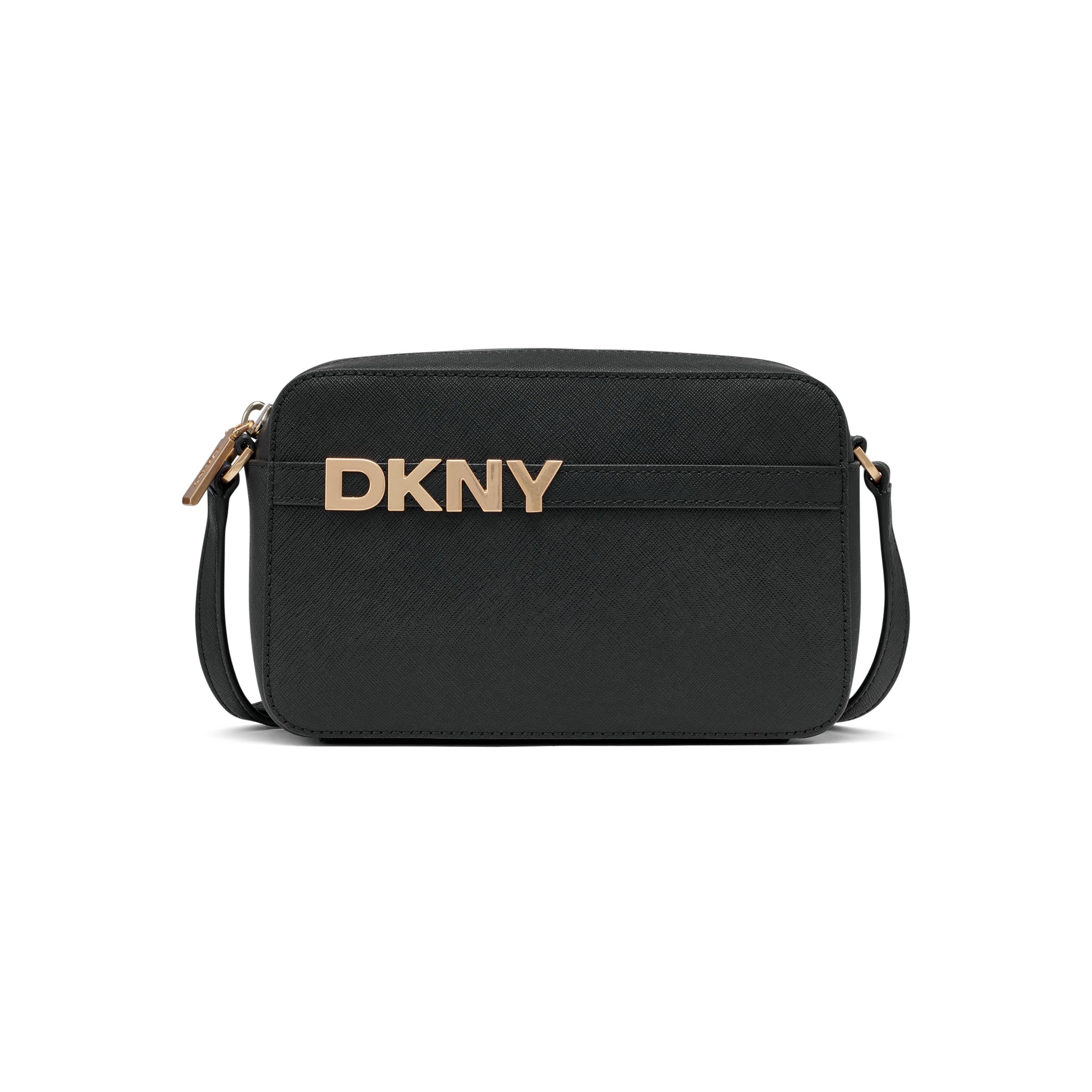 DKNY Women's Avril Camera Bag Cow Leather Coated with 100% Polyurethane, Black and Gold, Black and gold, Small