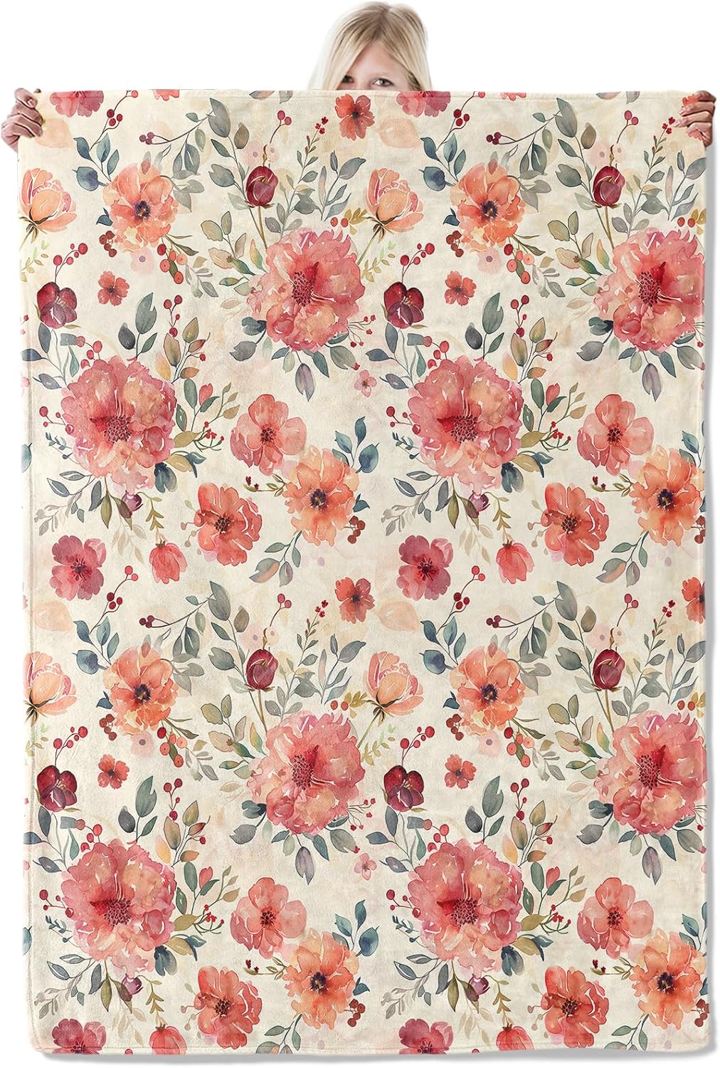 Watercolor Floral Blanket Flannel Throw 60x80in,Soft Pink,Coral and Burgundy Flowers on Cream Background,Cozy Lightweight Throw for Women,Girls,Romantic Home Decor Gifts Blankets