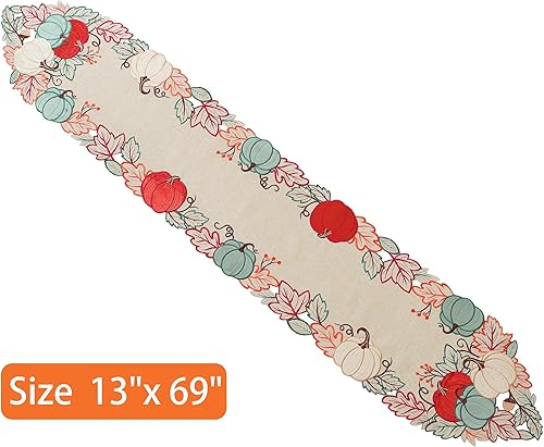 Miniatura 3 de Decoraciones de Acción de Gracias, camino de mesa de otoño con calabazas bordadas de terciopelo con hojas de arce. Decoración de mesa para el hogar,