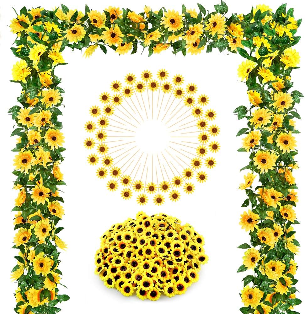 Auihiay 2 Pack Artificial Sunflower Garland with 48 Sunflower Toppers and 100 Sunflower Heads, Silk Sunflower Hanging Vine Sunflower Decor for Crafts Home Garden Wedding Baby Shower Decoration