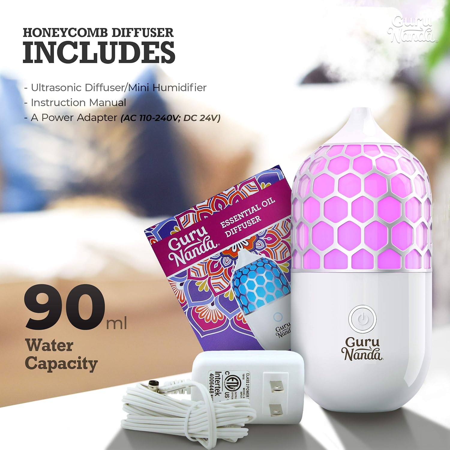 GuruNanda Essential Oil Diffuser- 90ml Honeycomb Aromatherapy Ultrasonic Diffuser, Cool Mist Humidifier with 7 Color LED Lights and Waterless Auto Shut-Off for Bedroom Home Office Kitchen Yoga Studio : Everything Else