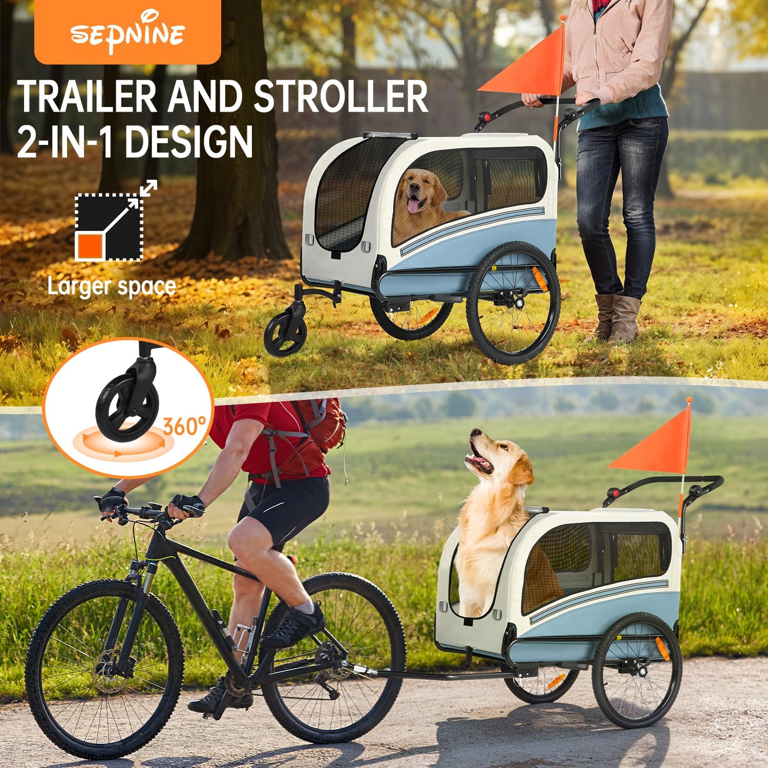 Sepnine Dog Bike Trailer, Supports up to 110 lbs, 2-in-1 Pet Stroller Cart Bicycle Carrier, Easy Folding Cart Frame with Quick Release Wheels, Universal Bicycle Coupler, Non-Slip Floor, Internal Leash